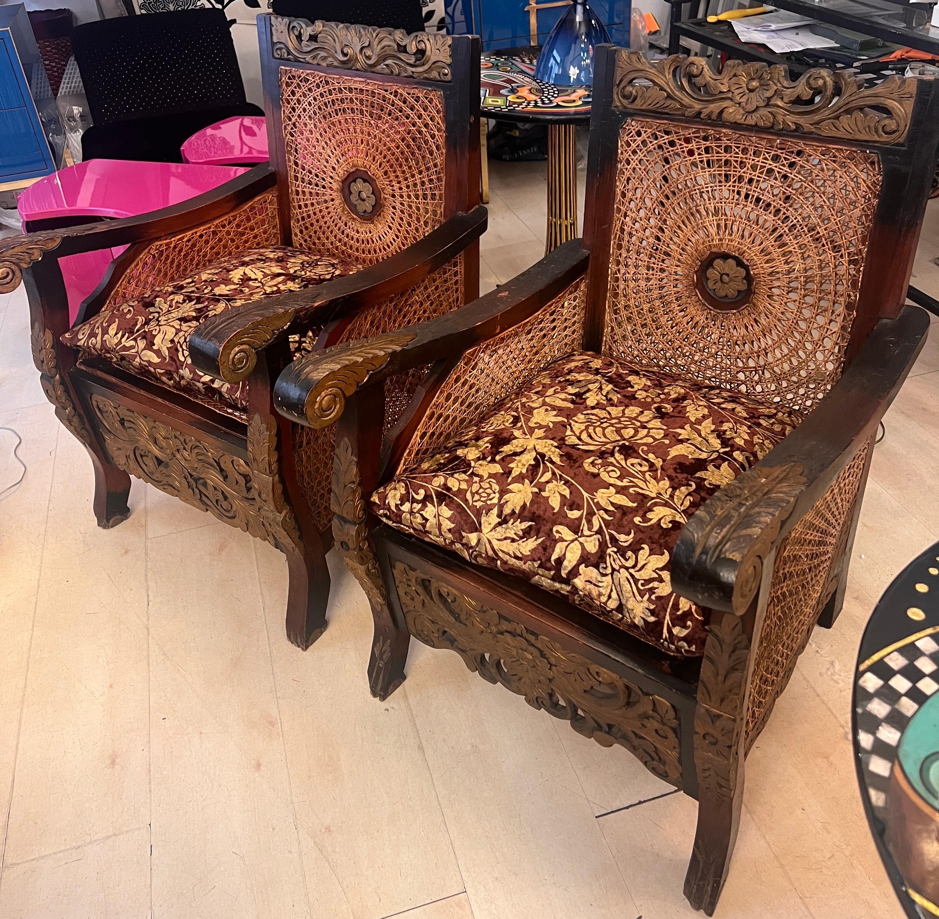 Coppia di Poltrone Coloniali in Legno Intagliato e Paglia di Vienna, Primi '900 en vente 16