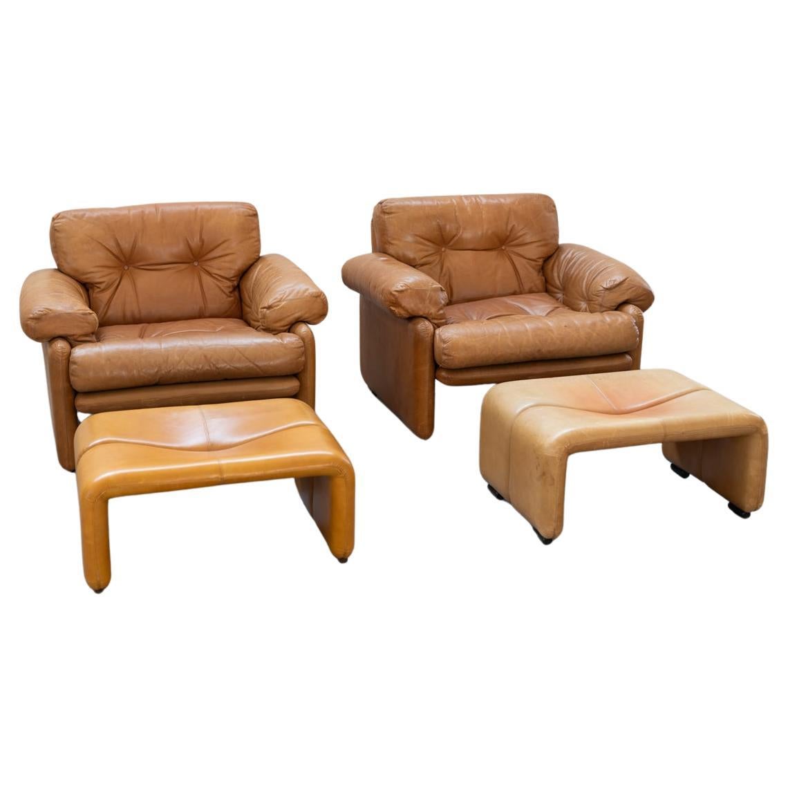 Pair of armchairs with pouf in cognac color model "Coronado" by Afra&Tobia scarpa For Sale