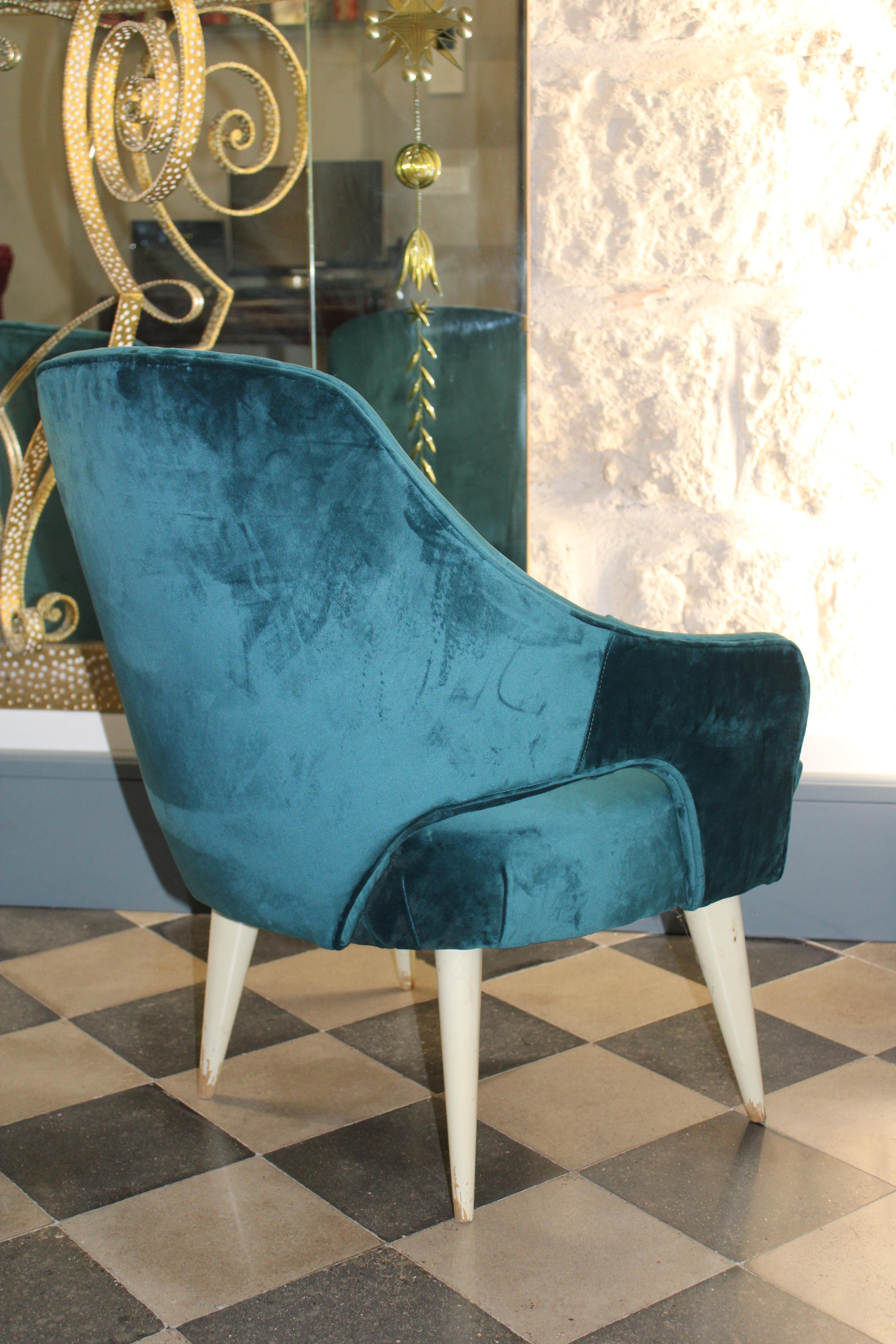 Paar Dassi 1950 Italia Sessel Grüner Samt Weiß Lackiert Holzfüße im Angebot 4