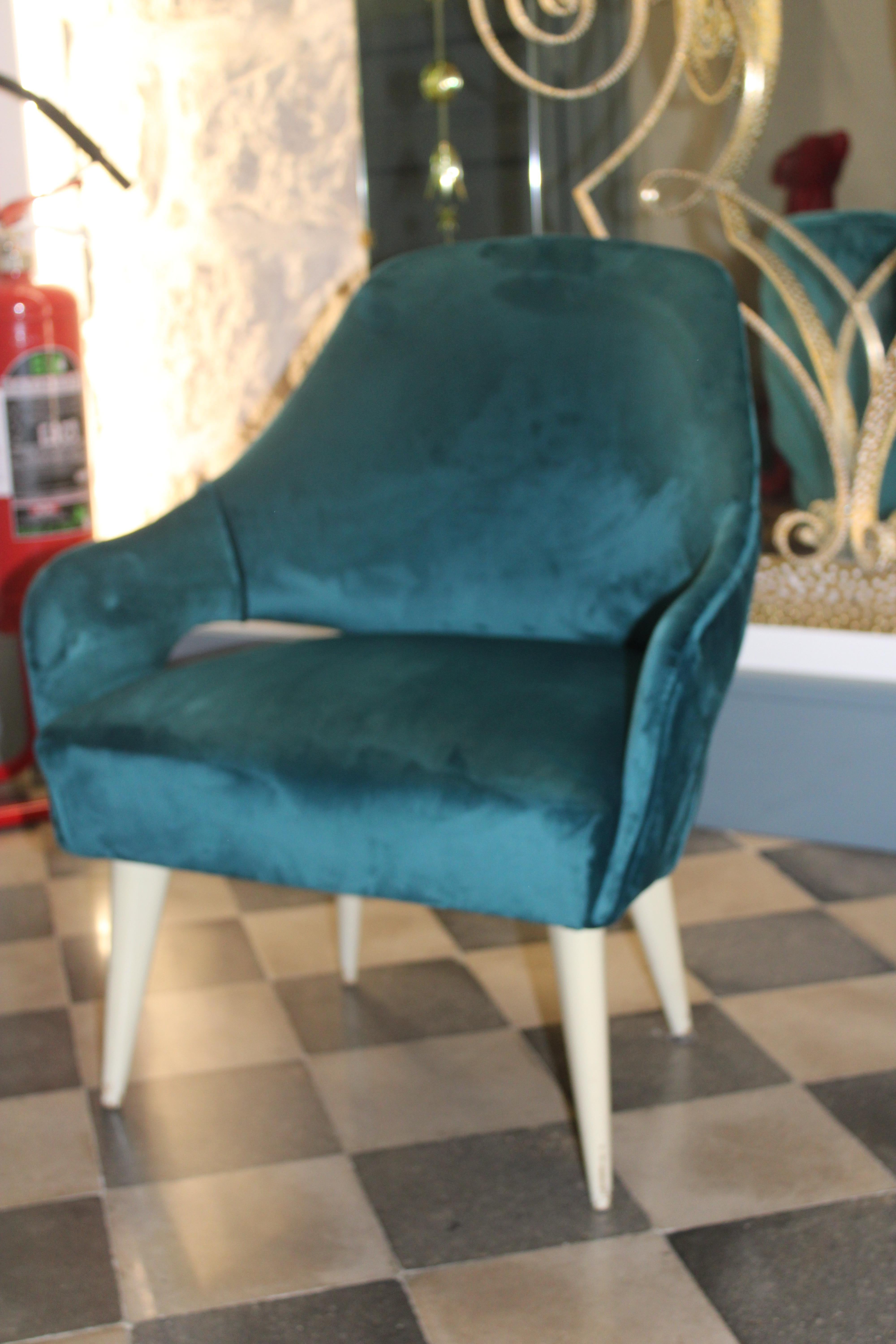 Paar Dassi 1950 Italia Sessel Grüner Samt Weiß Lackiert Holzfüße im Angebot 3