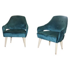 Pair of Dassi Armchairs 1950 Italy Green Velvet White Lacquered Wooden Feet
