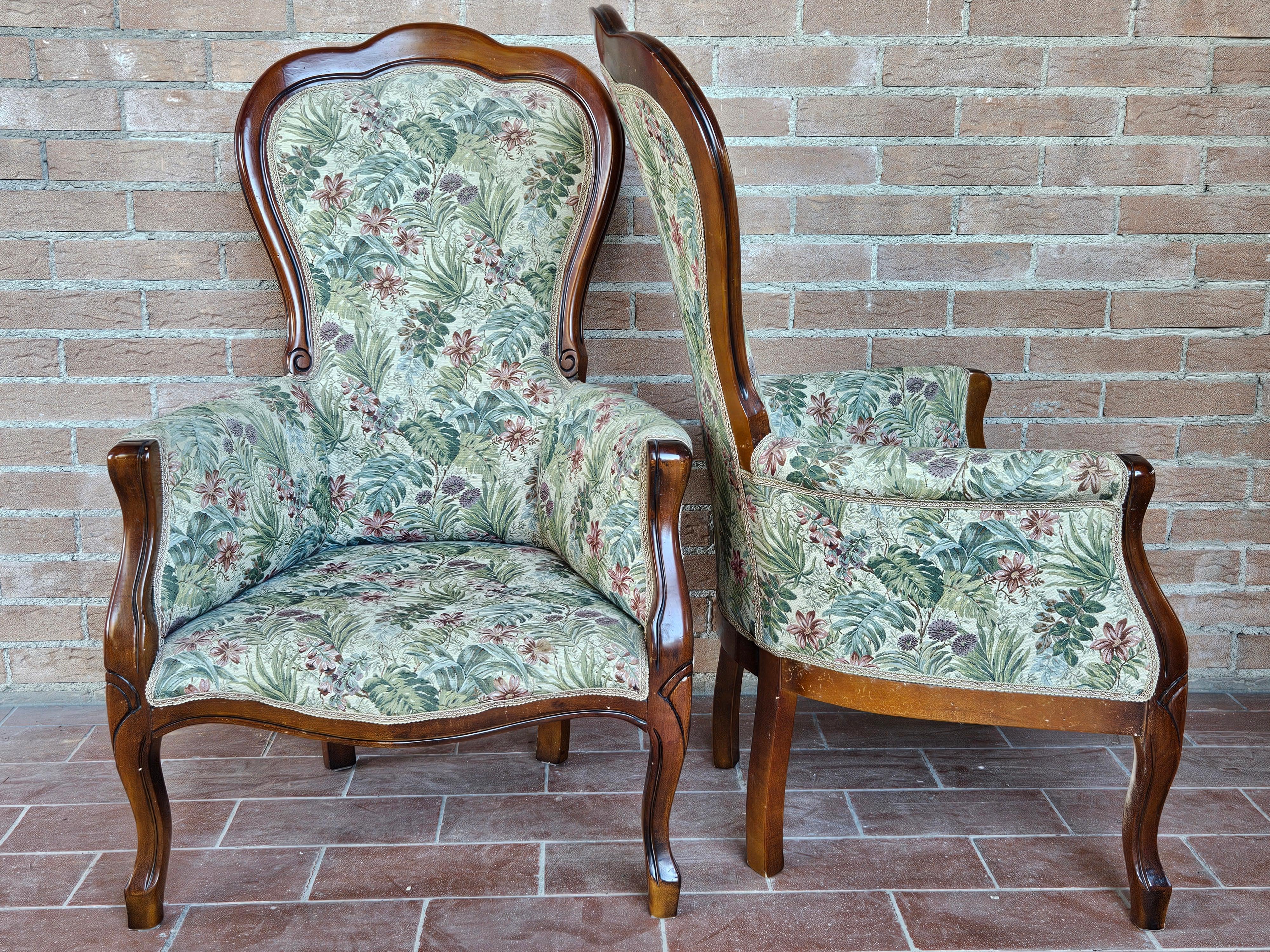 Italian Pair of Louis Philippe style upholstered armchairs from the 1980s For Sale