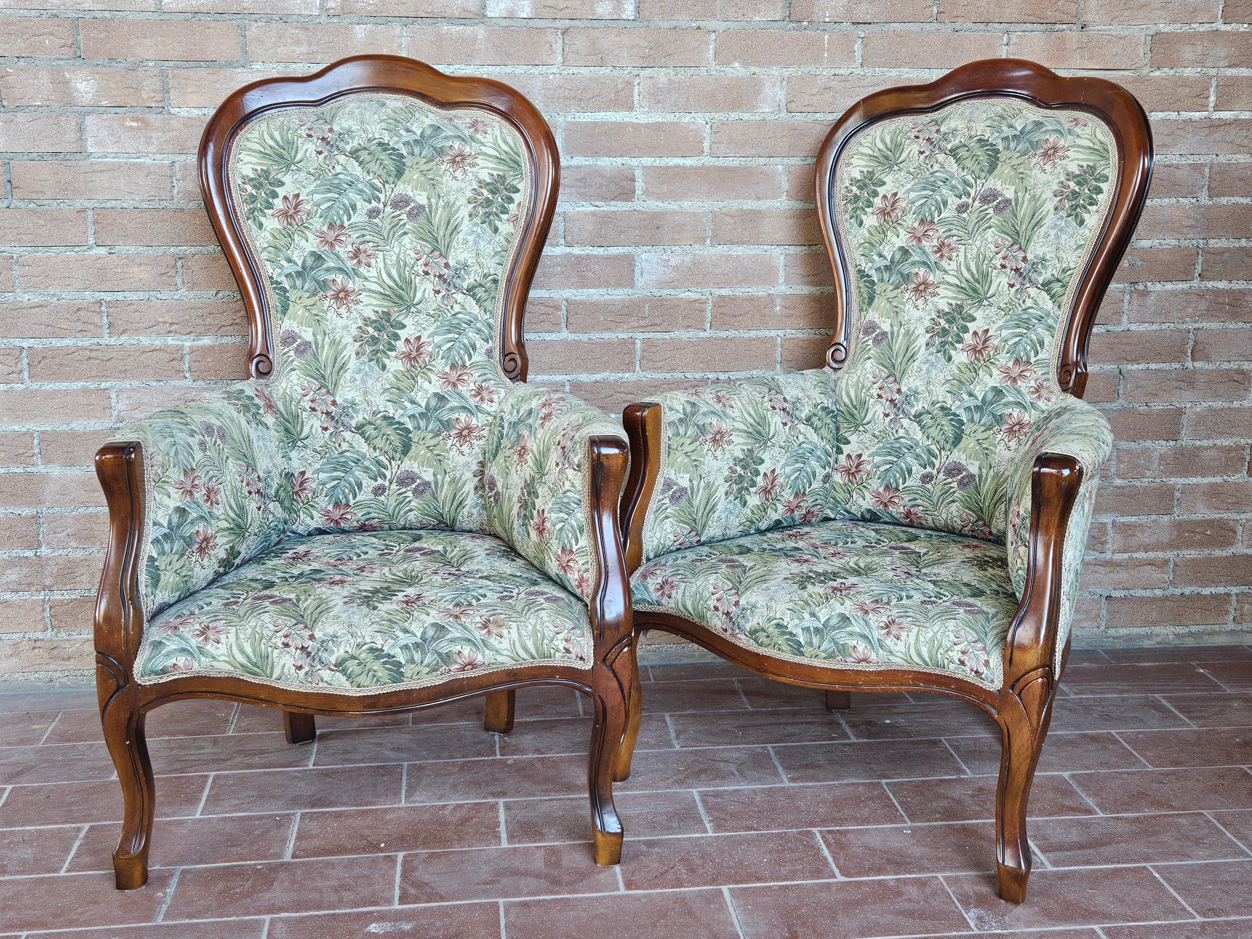 Fabric Pair of Louis Philippe style upholstered armchairs from the 1980s For Sale
