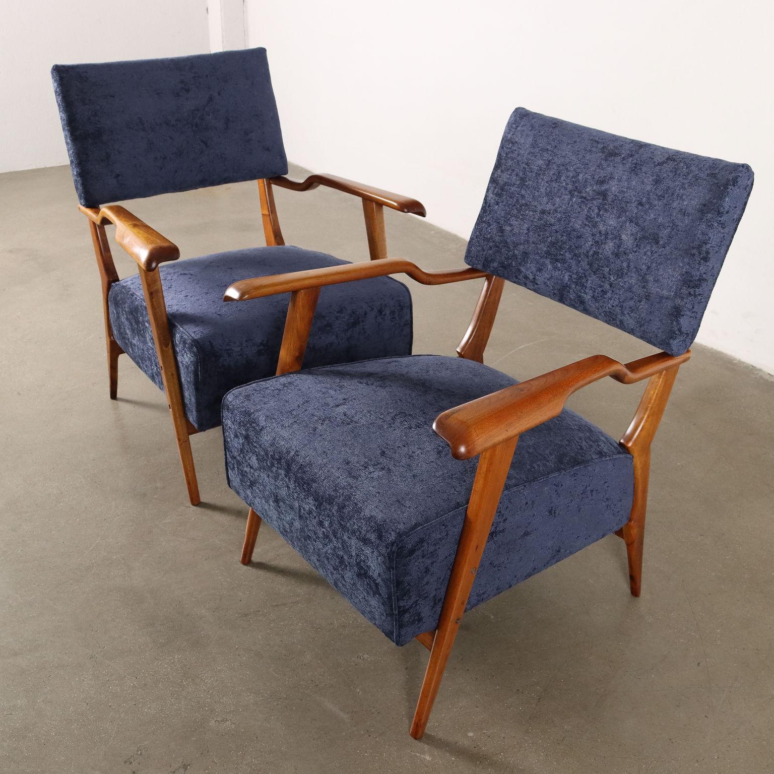 Mid-Century Modern Pair of blue bellvet armchairs with wooden armrests 1950s For Sale