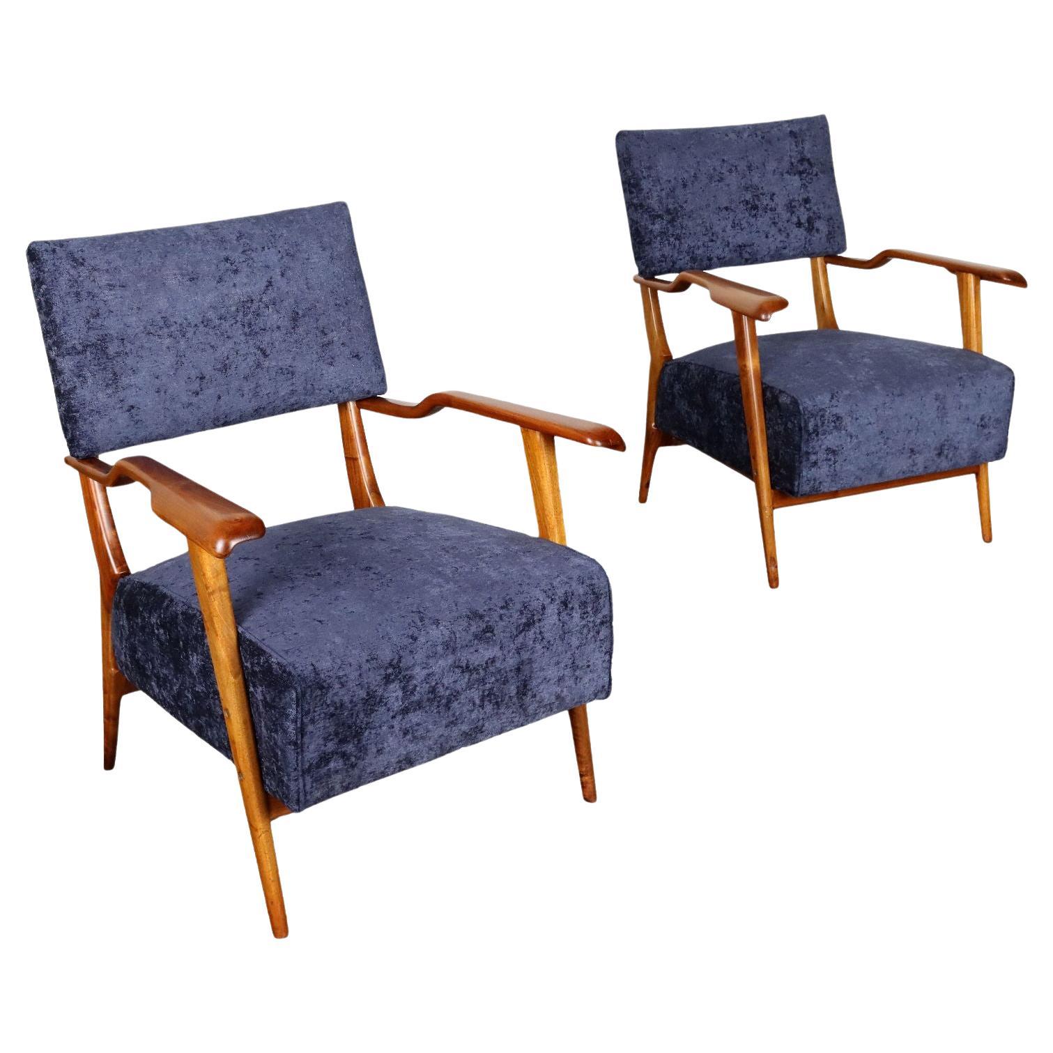 Pair of blue bellvet armchairs with wooden armrests 1950s For Sale