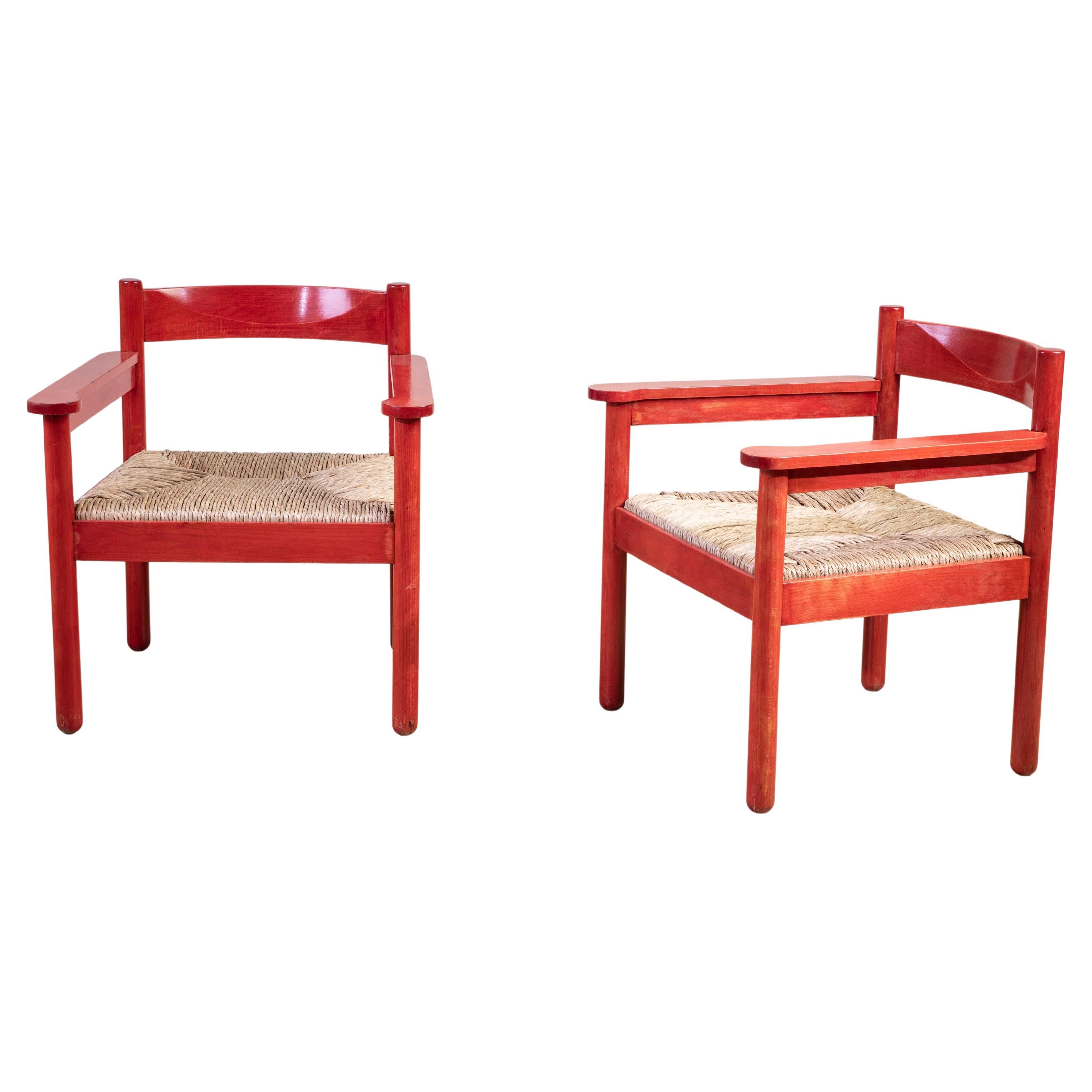 Pair of lacquered wood and straw armchairs, Italy 1960s