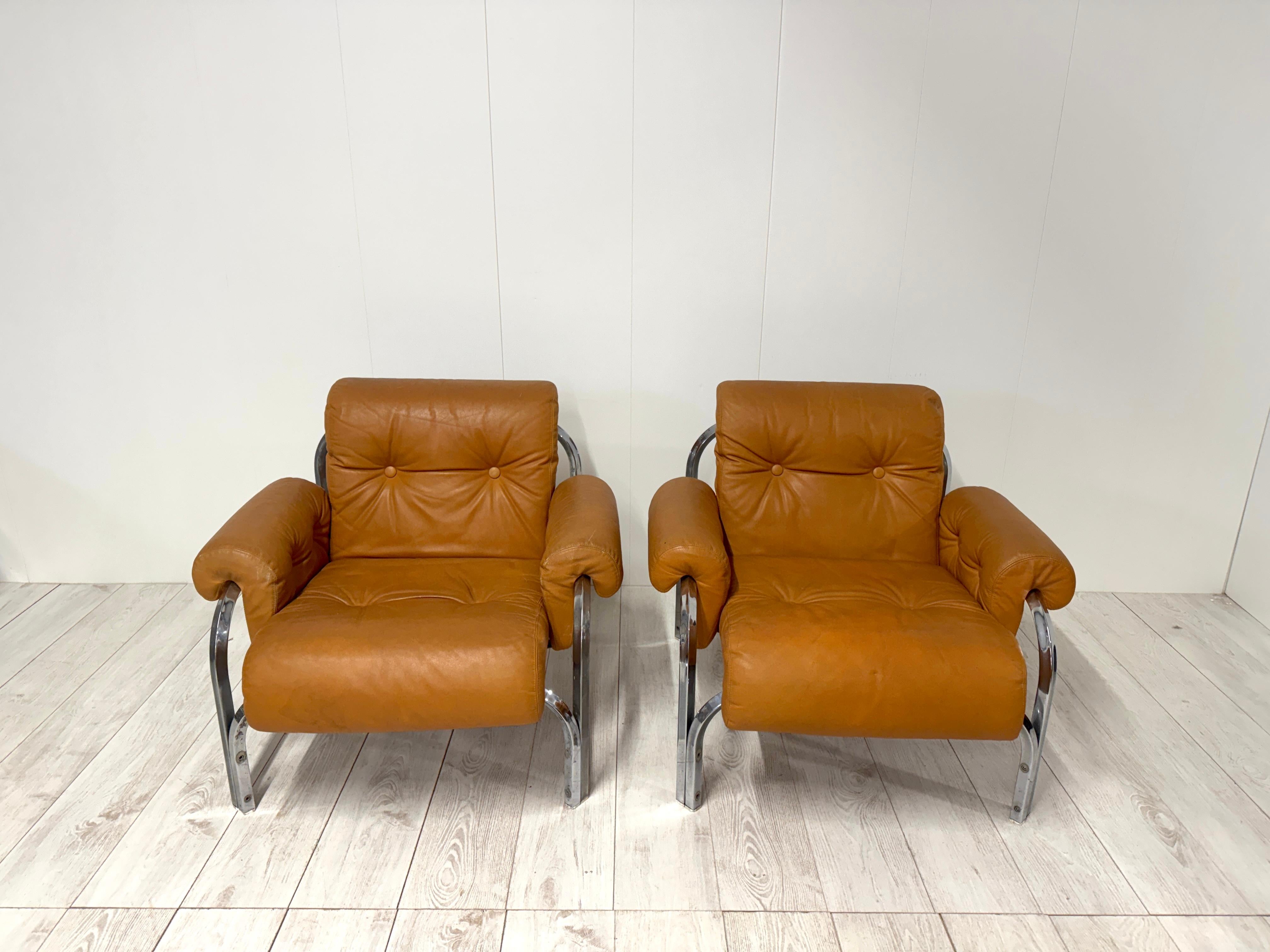 Steel Coppia di poltrone in pelle, prod. Italiana, anni '70