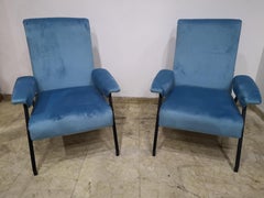 Pair of light blue velvet recliner armchairs, iron frame, 1970s