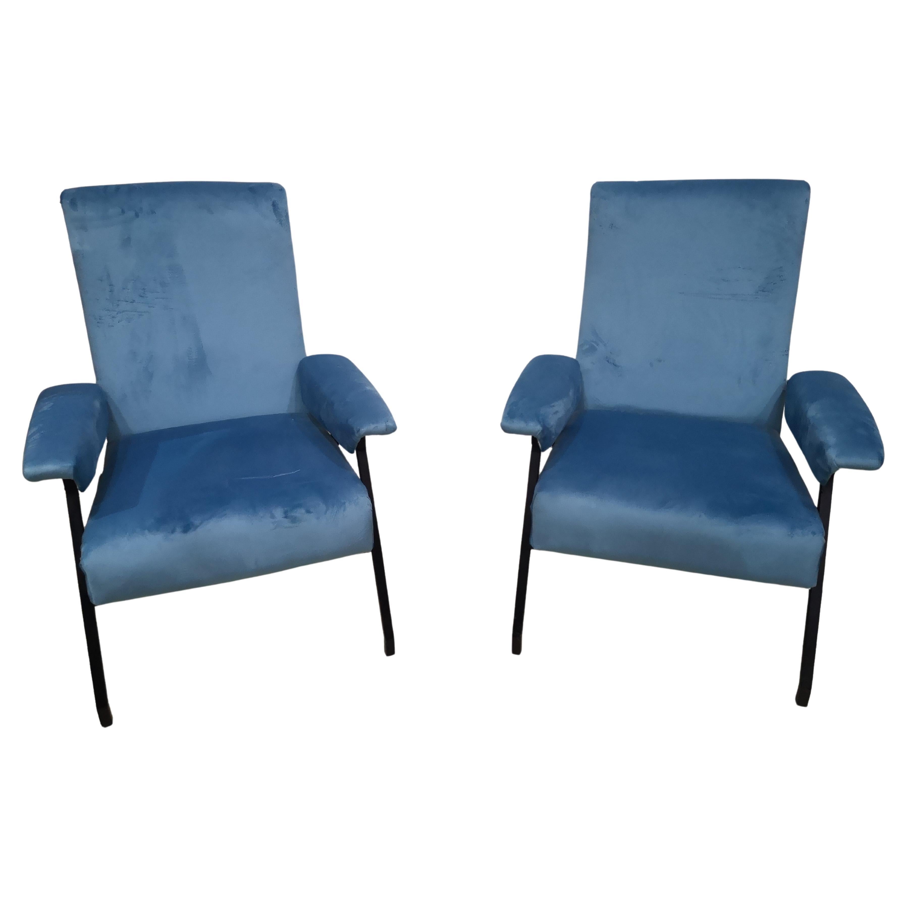 Pair of light blue velvet recliner armchairs, iron frame, 1970s For Sale