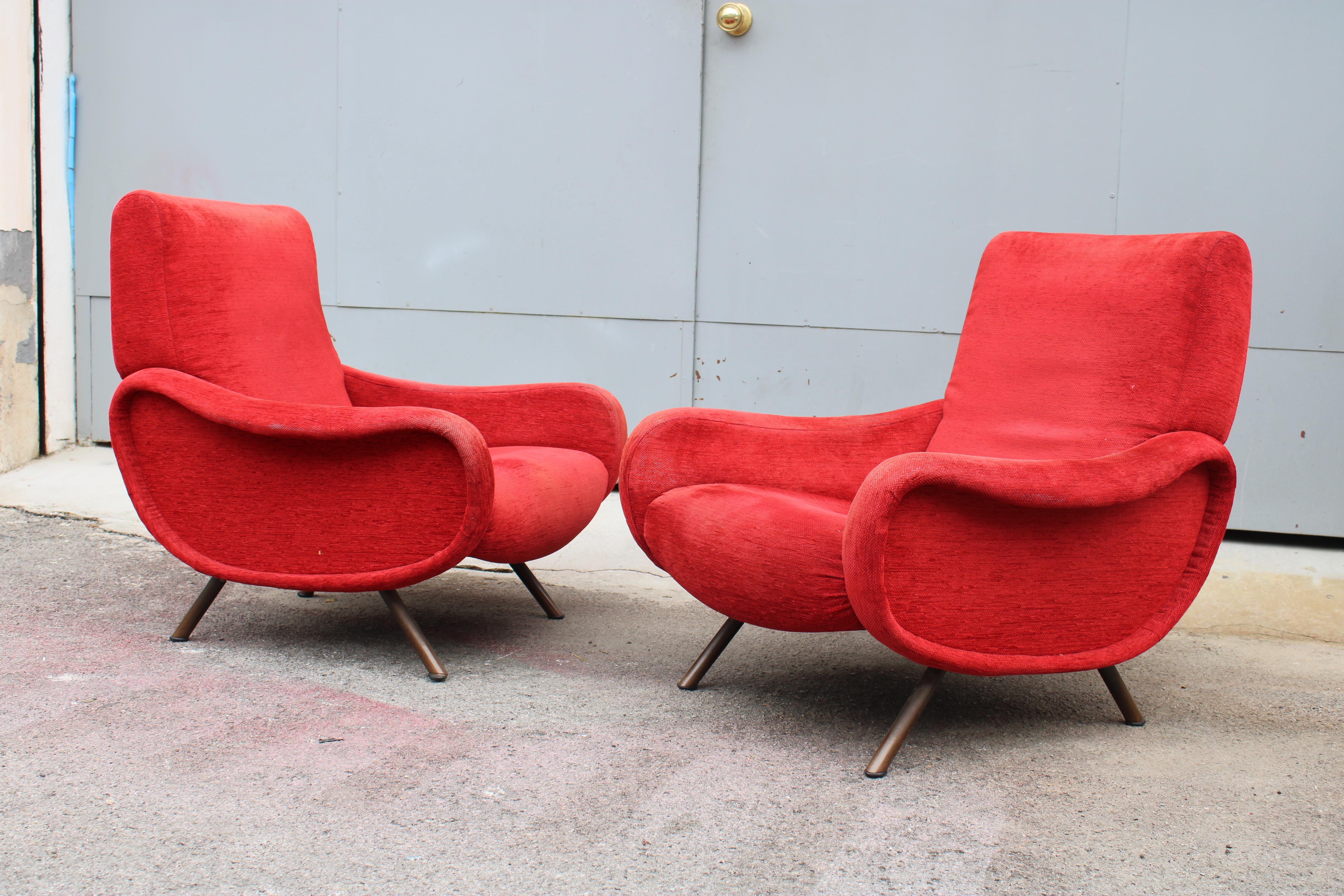 Coppia di poltrone in Velluto Rosso Marco Zanuso Modello lady 1950 Arflex in vendita 12
