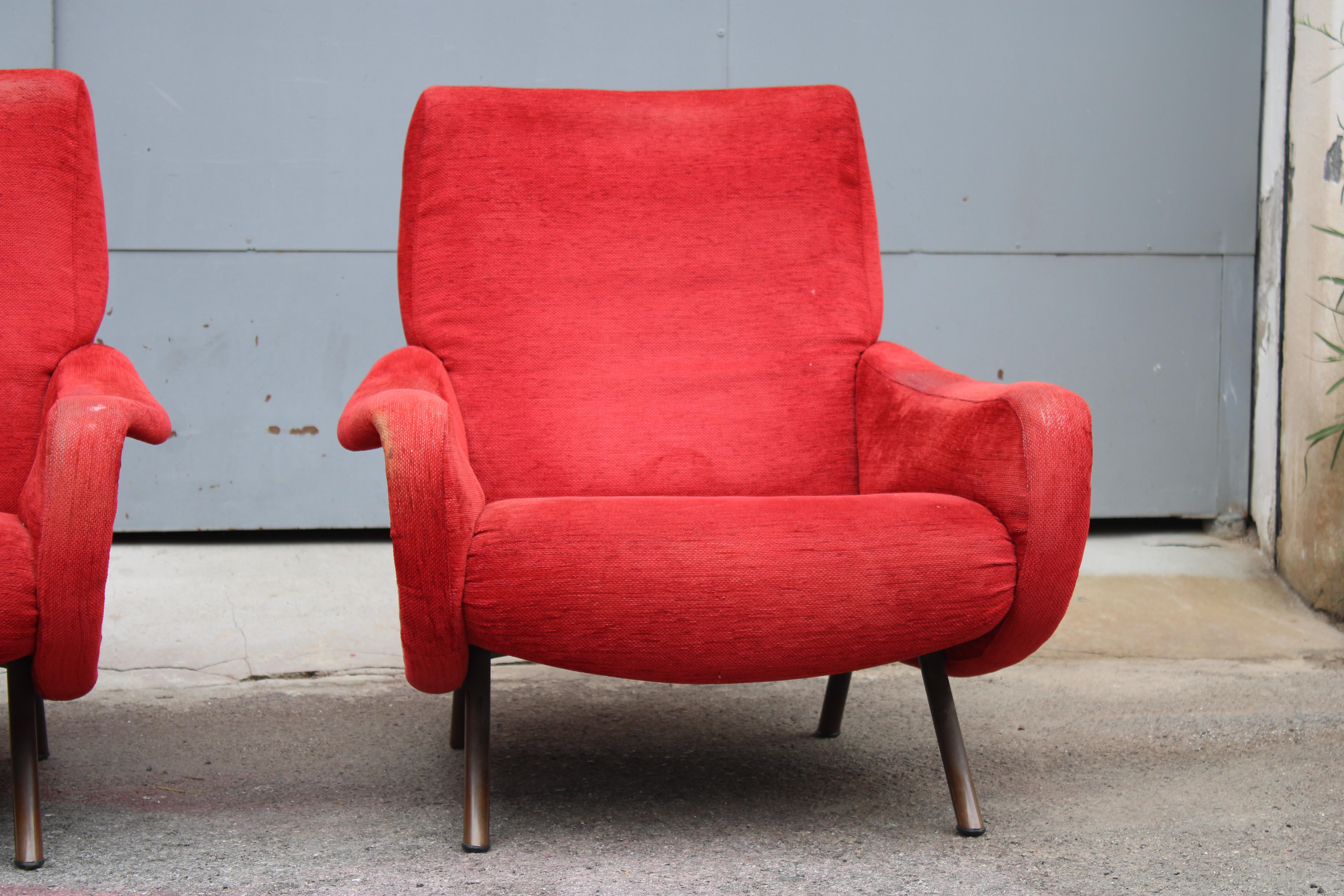 Mid-Century moderno Coppia di poltrone in Velluto Rosso Marco Zanuso Modello lady 1950 Arflex in vendita