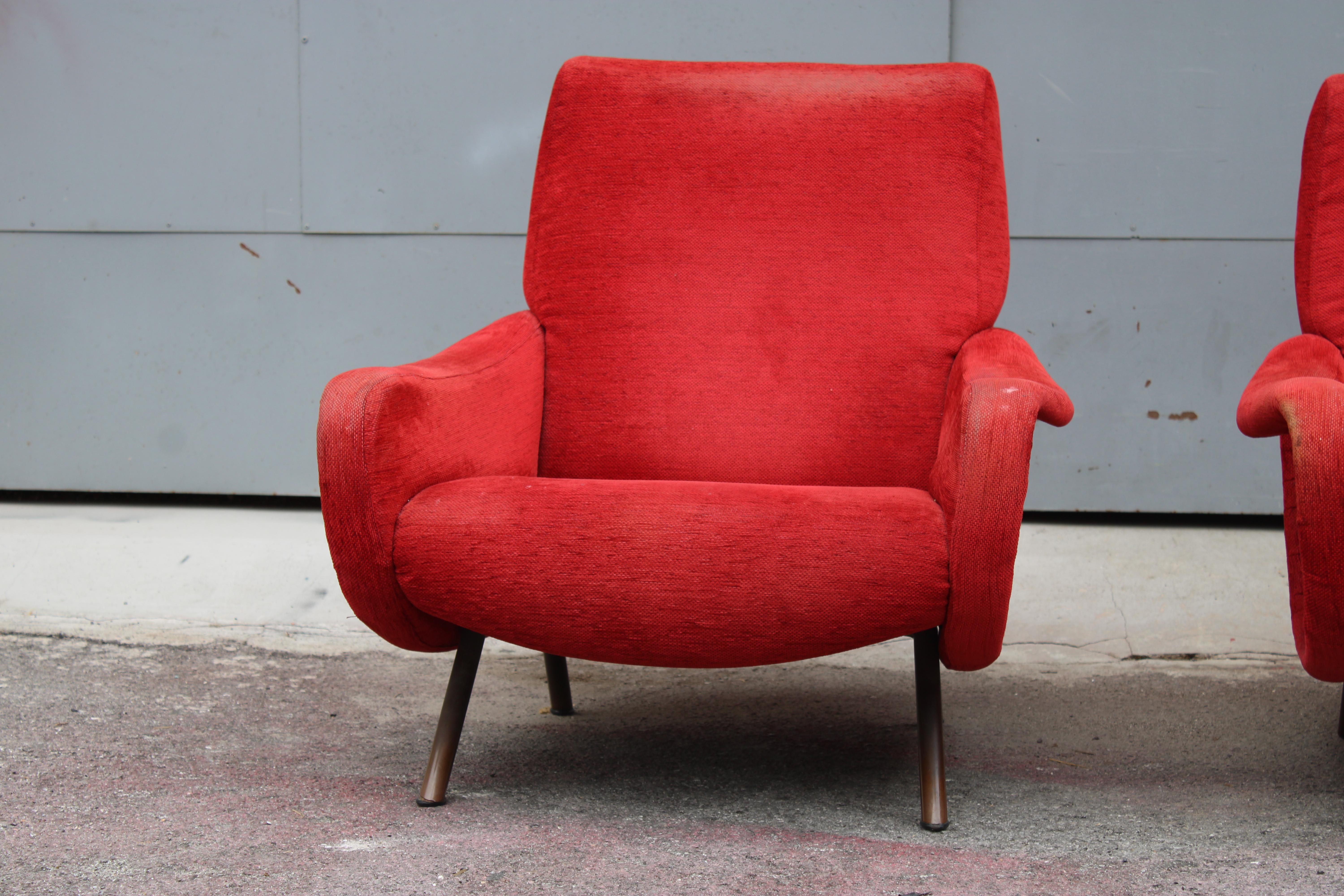 Italian Coppia di poltrone in Velluto Rosso Marco Zanuso Modello lady 1950 Arflex in vendita