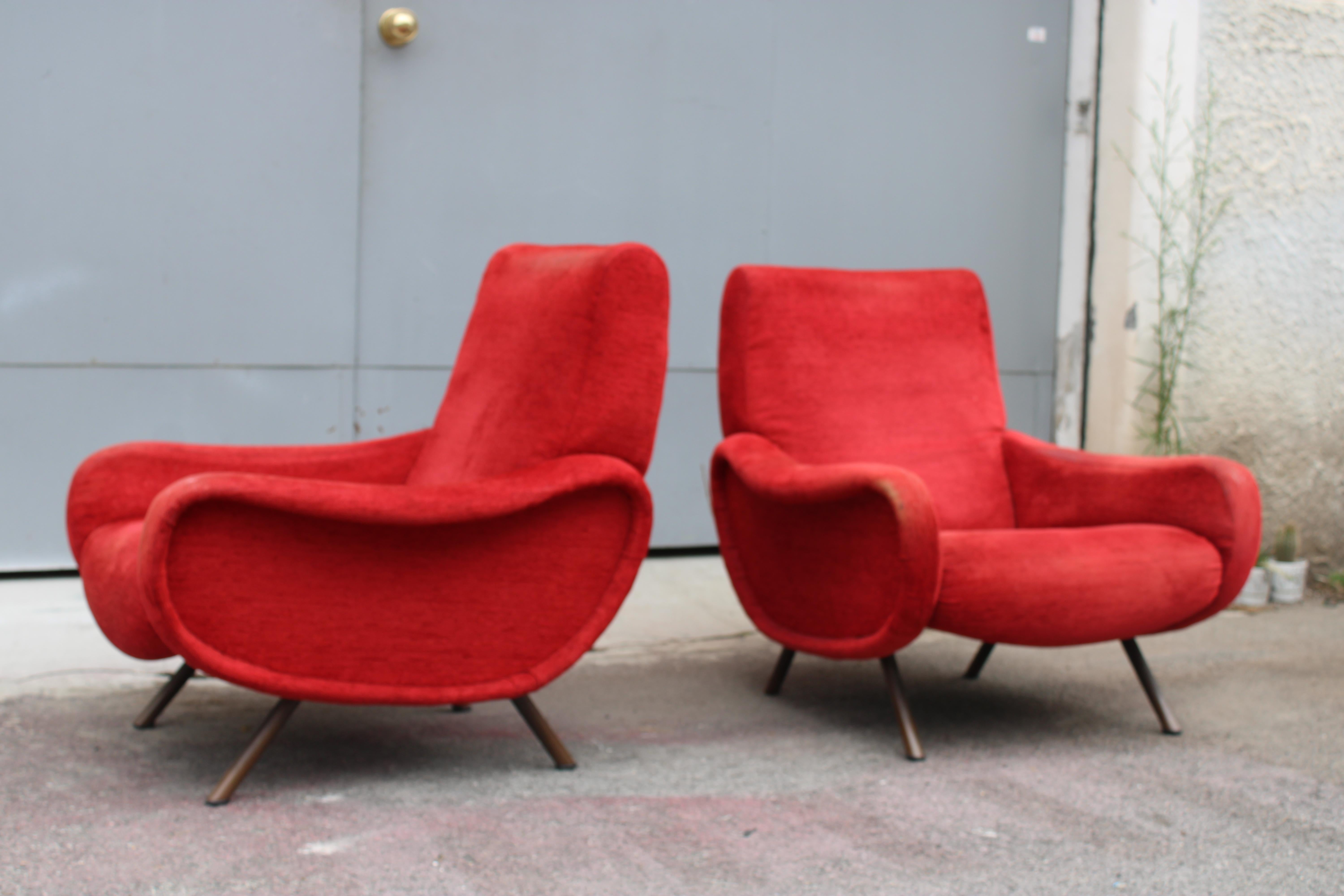 Coppia di poltrone in Velluto Rosso Marco Zanuso Modello lady 1950 Arflex In condizioni discrete in vendita a Palermo, Sicily