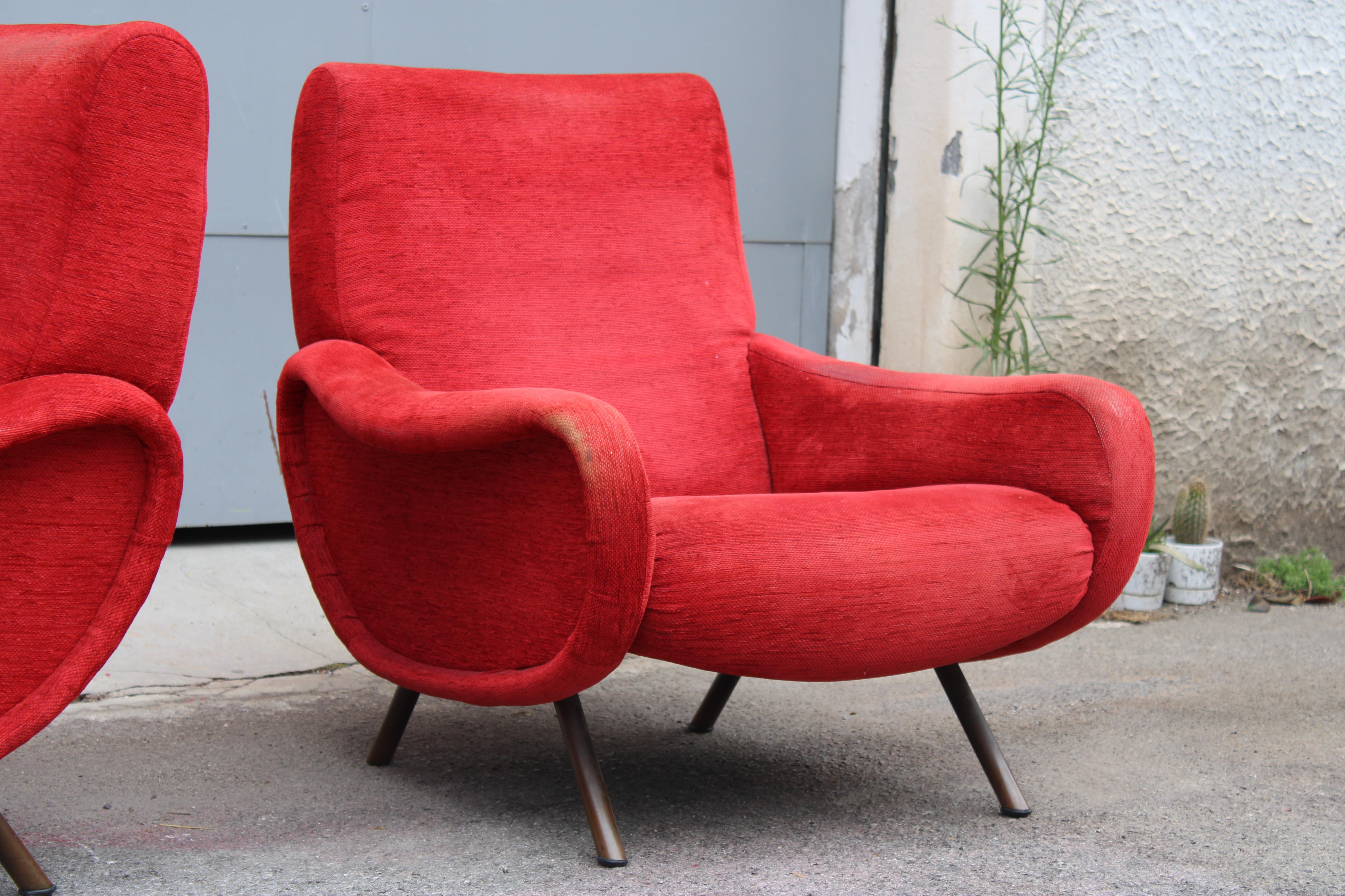 Coppia di poltrone in Velluto Rosso Marco Zanuso Modello lady 1950 Arflex in vendita 2