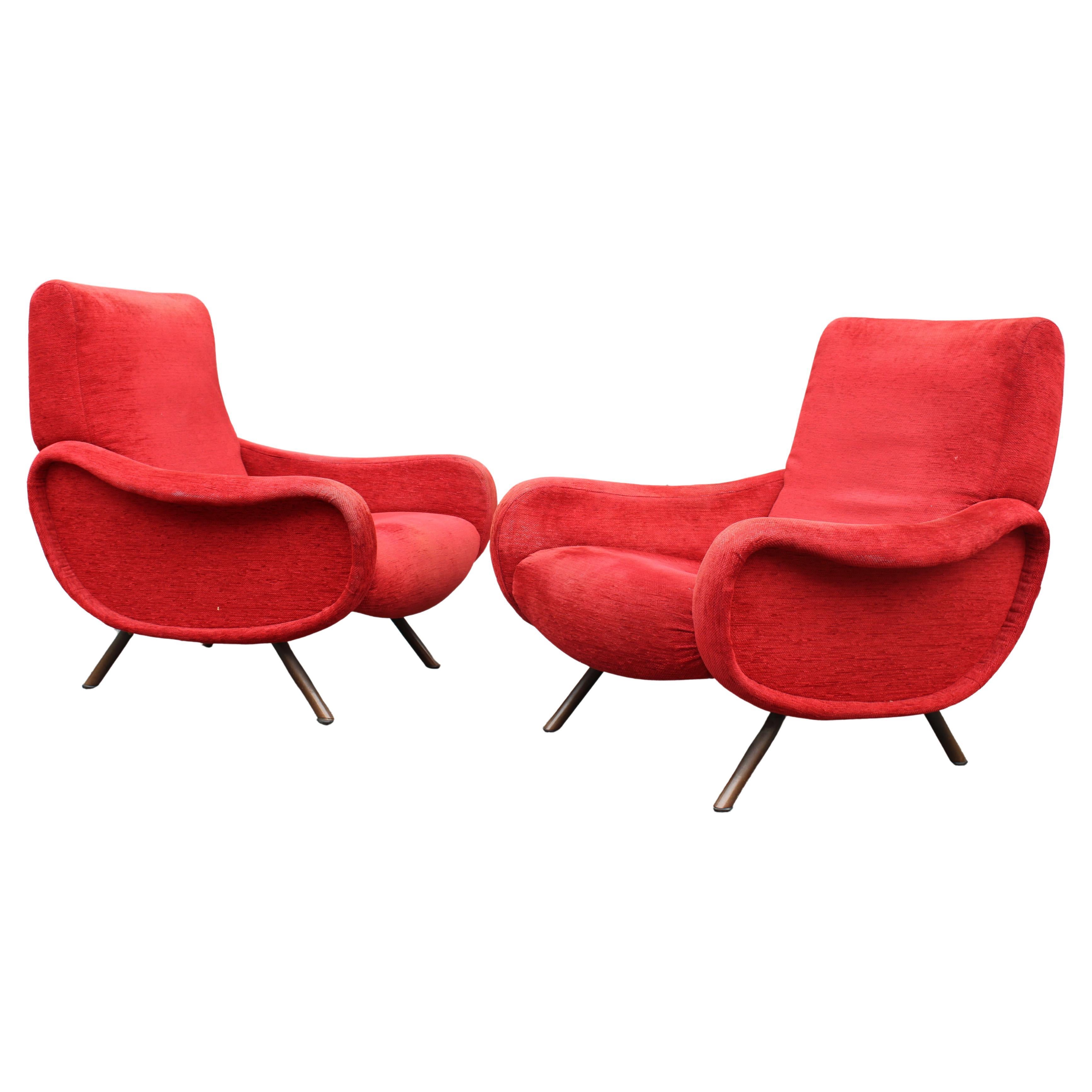 Coppia di poltrone in Velluto Rosso Marco Zanuso Modello lady 1950 Arflex in vendita