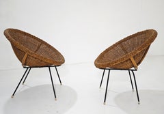 Paire de fauteuils en osier, fabrication Design Italia, années 1950-1960, style Mid-Century Modern