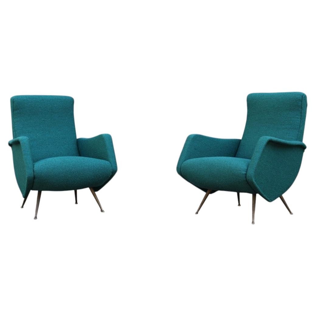 Pair of Isa Bergamo Armchairs Aldo Morbelli 1950s Brass Feet