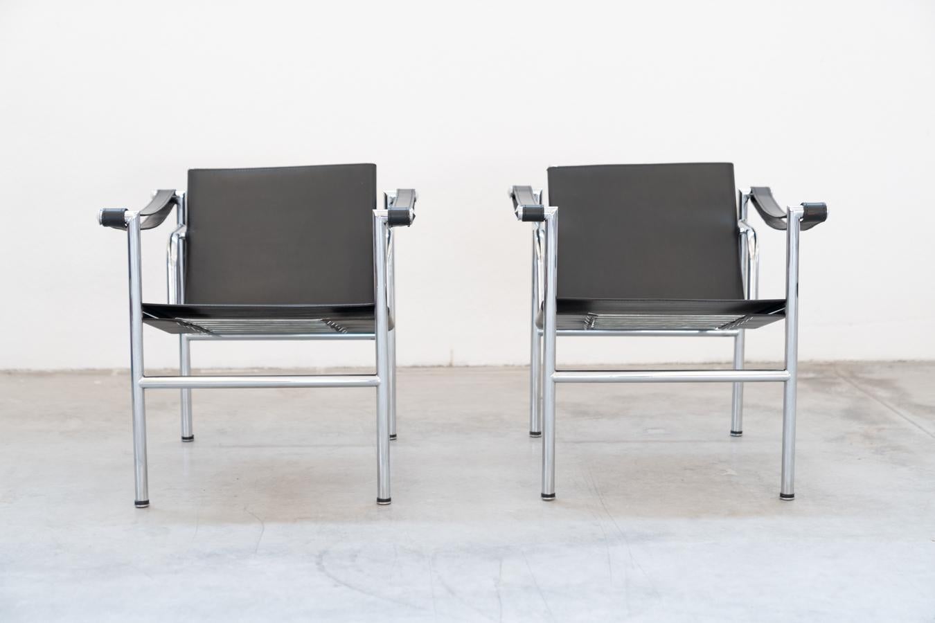 Pair of LC1 armchairs by Le Corbusier, for Cassina 1970
A piece of design history from Le Corbusier's LC1. The design 			dates back to 1928. Simple armchairs, in their Avantgard design of the 			1920s, during the period when the designer Le