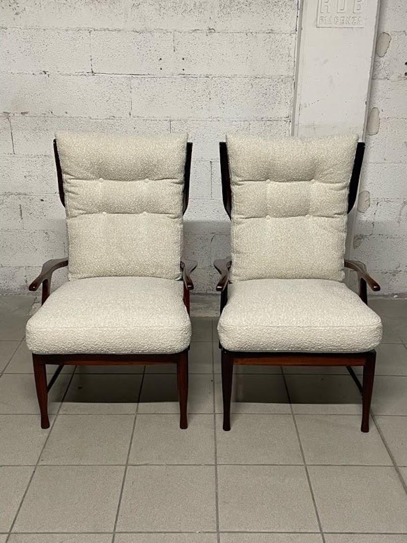 Pareja de sillones reclinables de los años 50 en madera y tela Moderno de mediados de siglo en venta