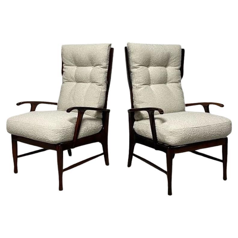 Pair of 1950s recliners in wood and fabric