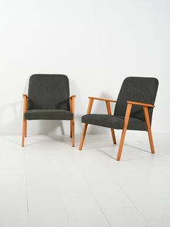 Pair of Scandinavian Beech Armchairs with gray upholstery