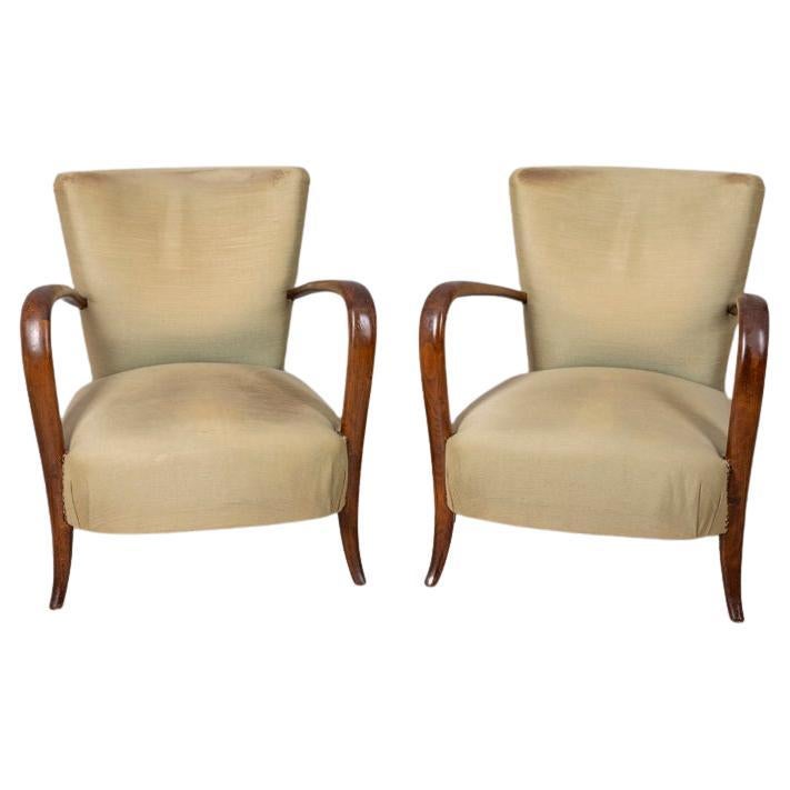 Pair of vintage 40s wood and fabric armchairs Italian design