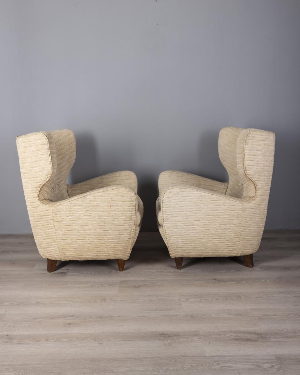 Mid-Century Modern Paire de fauteuils vintage 1950 en tissu blanc design italien en vente