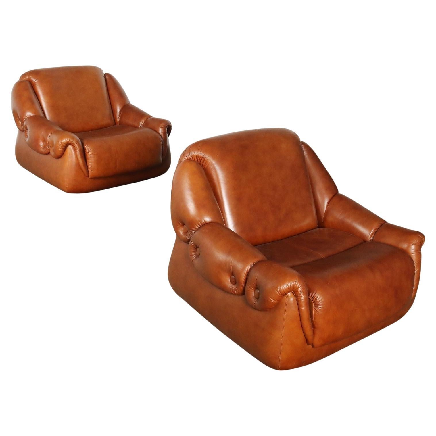 Pair of Vintage 70s Brown Leatherette Armchairs