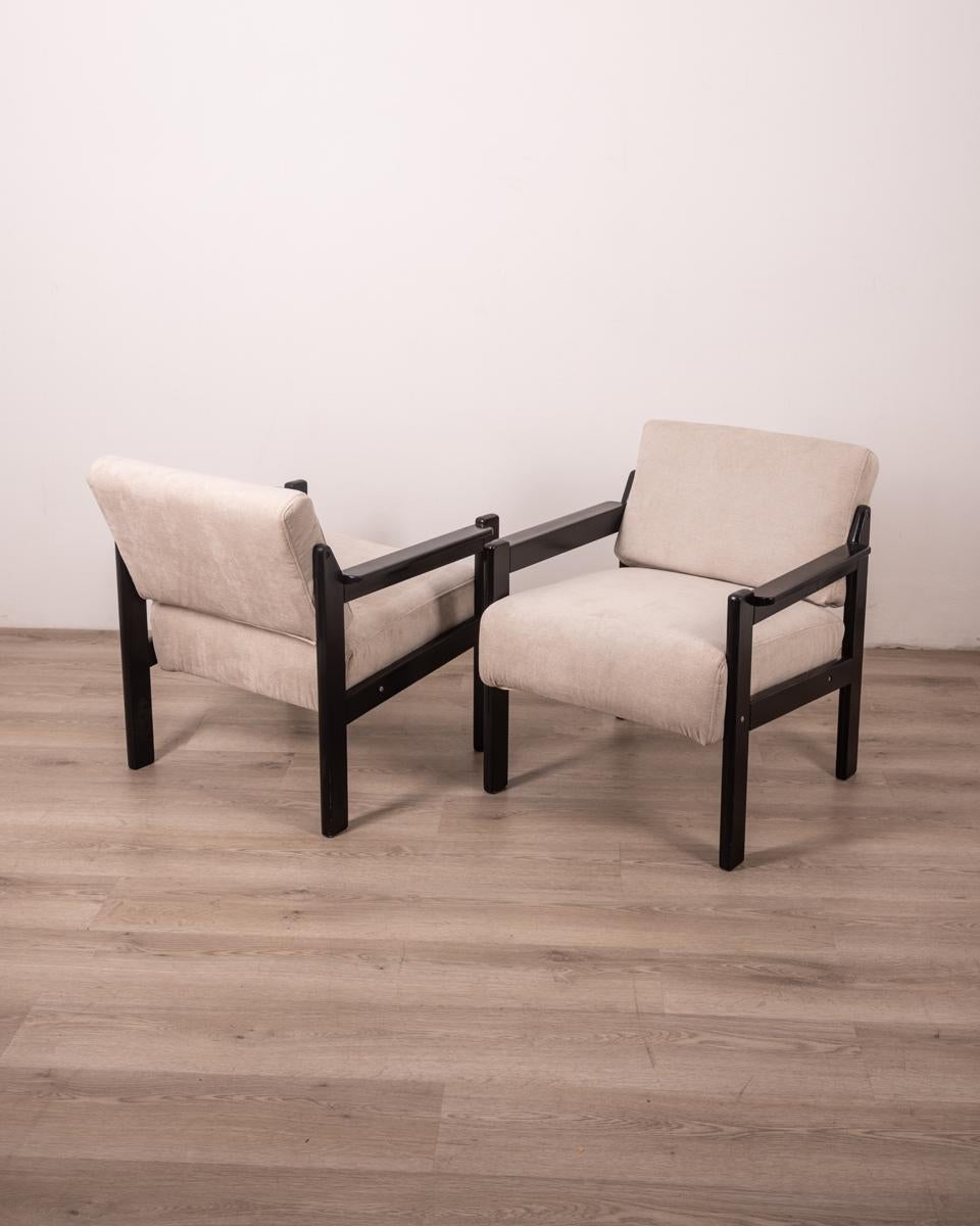 Coppia di poltrone con struttura in legno nero e rivestimento in tessuto grigio, anni 80, design italiano.

CONDIZIONI : In buone condizioni, presentano segni d'usura dati dal tempo.

DIMENSIONS : Hauteur 70 cm ; Largeur 65 cm ; Longueur 70