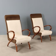 Pair of Vintage Armchairs with cream and brown two-tone fabric from the 1950s