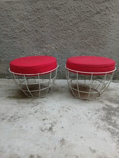 Pair of "basket" Poufs - Painted Metal and Red Cushions - Europe - 1960s