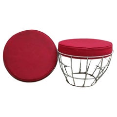 Pair of "basket" Poufs - Painted Metal and Red Cushions - Europe - 1960s