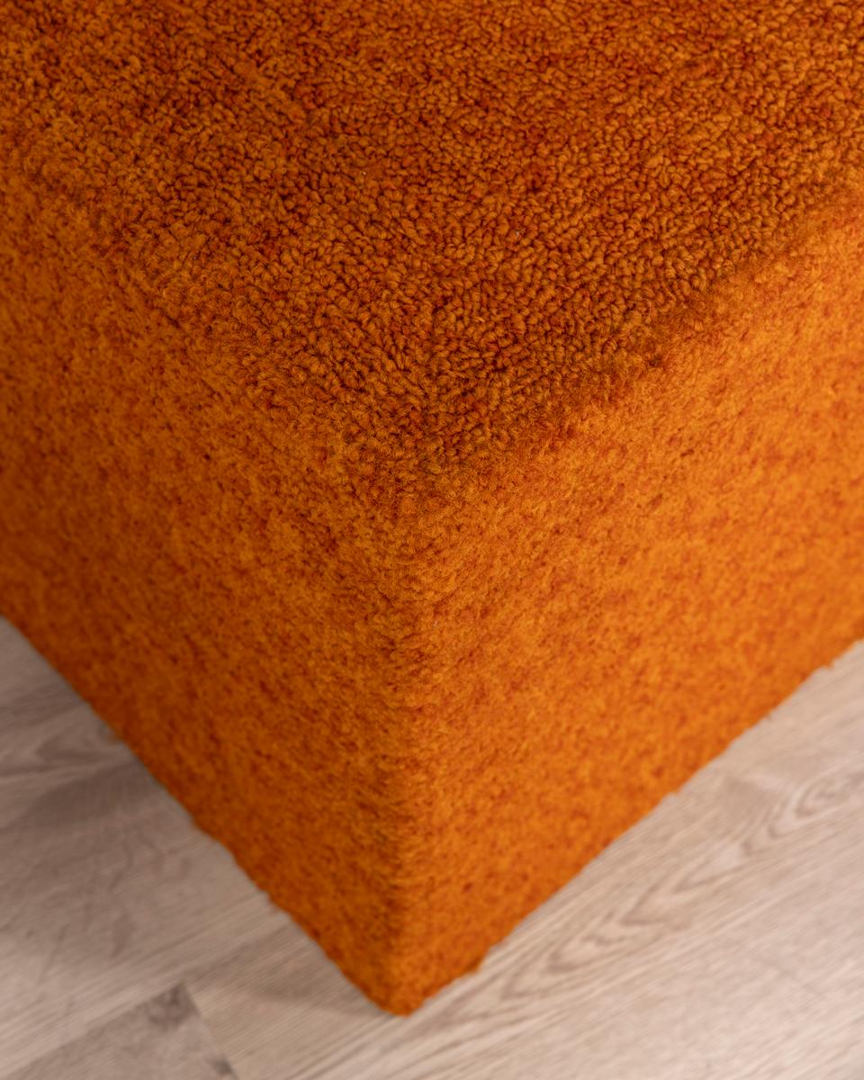 Pair of poufs with wooden frame and orange fabric cover, Italian design, 1980s.

CONDITION:
In good condition, may show signs of wear given by time.

SIZING: 
Height 42 cm; width 42 cm;  Length 36 cm;  

MATERIALS: 
Wood and Fabric

YEAR