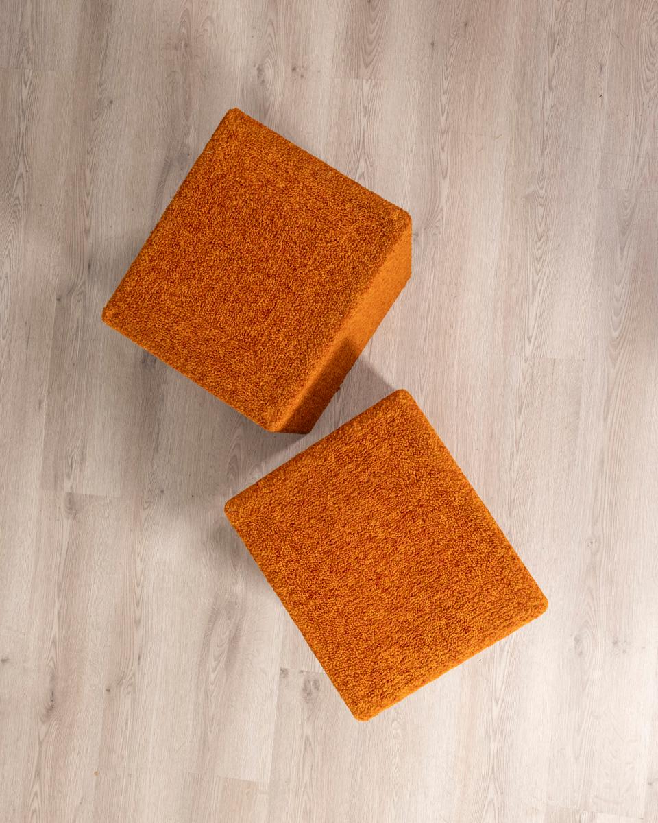 Space Age Pair of vintage 80s orange fabric poufs Italian design For Sale
