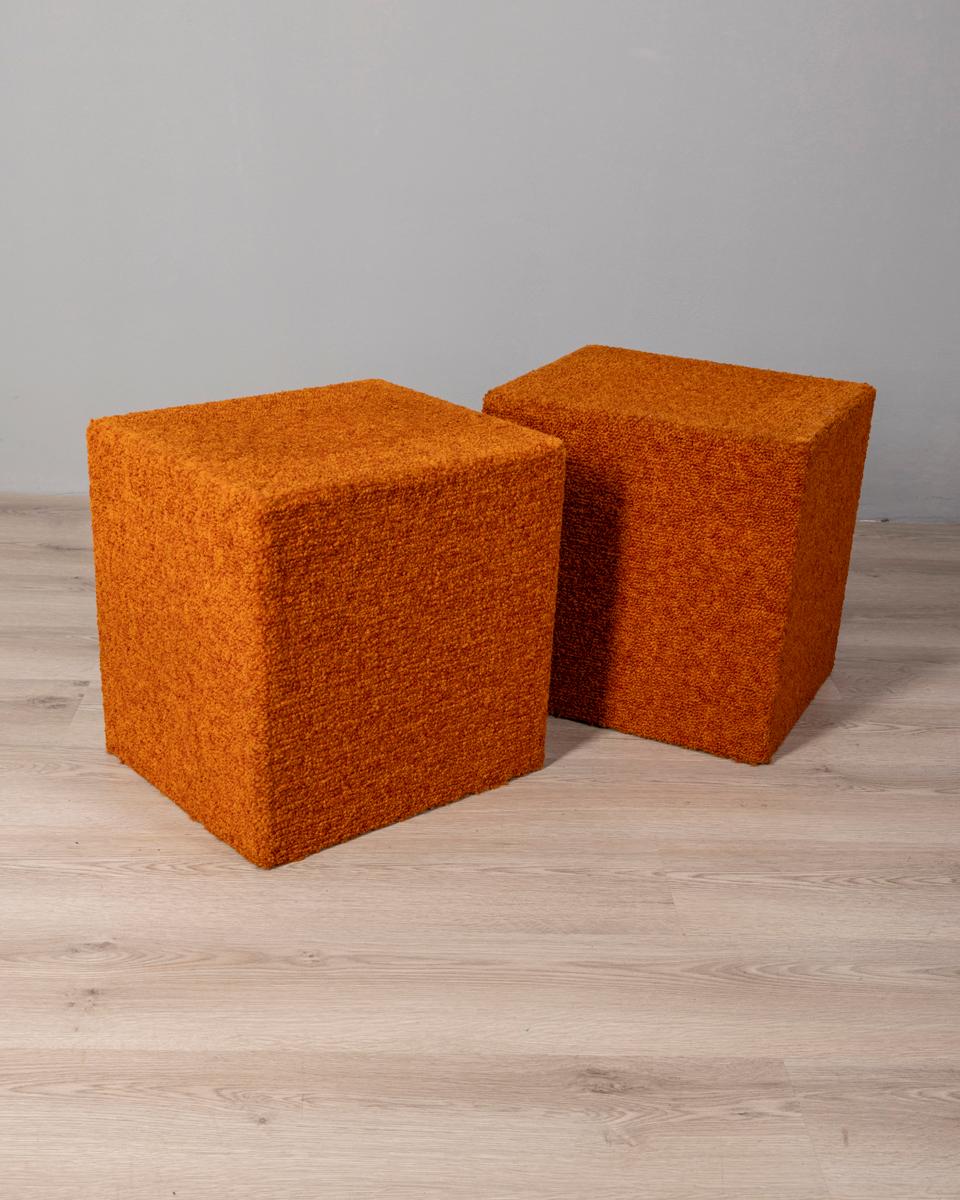 Late 20th Century Pair of vintage 80s orange fabric poufs Italian design For Sale