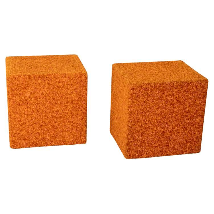Pair of vintage 80s orange fabric poufs Italian design For Sale