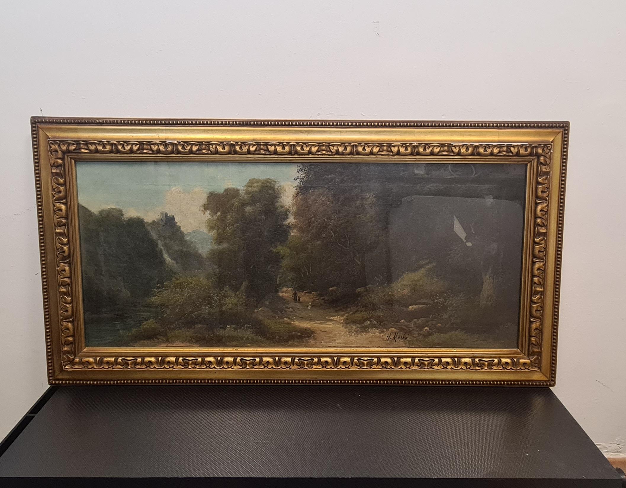 Pair of paintings by landscape painter Henry Markó.

No. 2 oil paintings on canvas depicting landscape scenes.

One depicting a forested dirt path traveled by a character in the distance. In the background on the left is a waterfall that flows into