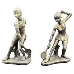 Paire de sculptures Art Déco Jeunes garçons de tennis 1950s