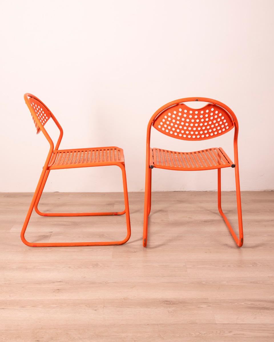 Pair of red painted iron garden chairs, Italian design, 1970s.

CONDITION: In good condition, shows signs of wear given by time.

DIMENSIONS: Height 80 cm; Width 48 cm; Length 58 cm

MATERIAL: Iron

YEAR OF PRODUCTION: Anni 70