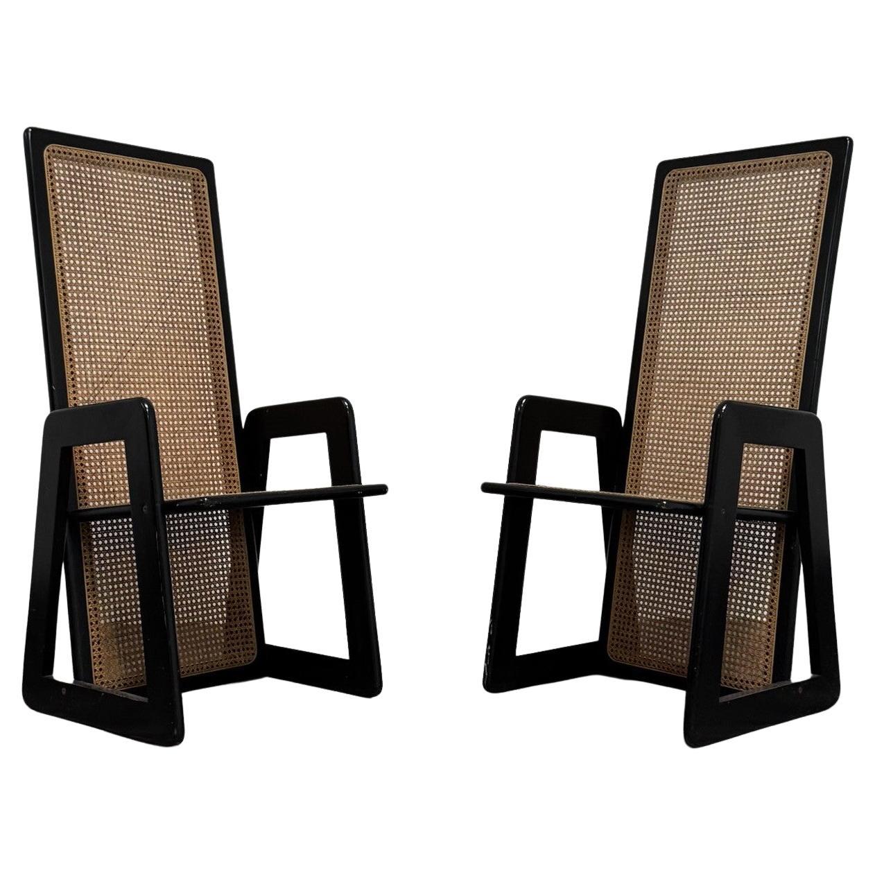 Coppia Di Sedie Design Schienale Alto Legno Laccato Paglia Di Vienna Anni 
70 en vente