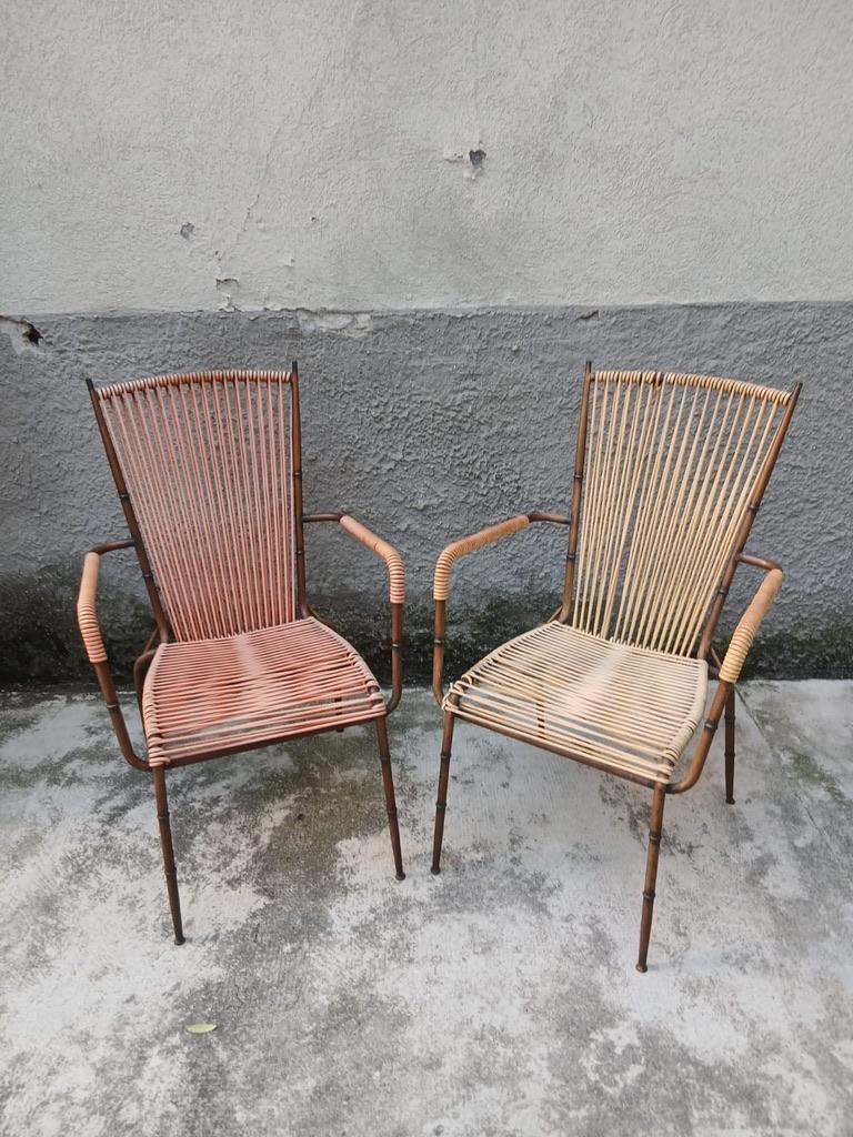 Mid-Century moderno Coppia di Sedie Doncoc Brevettate in Metallo Simil-Bambù - Italia - Anni ’50 in vendita
