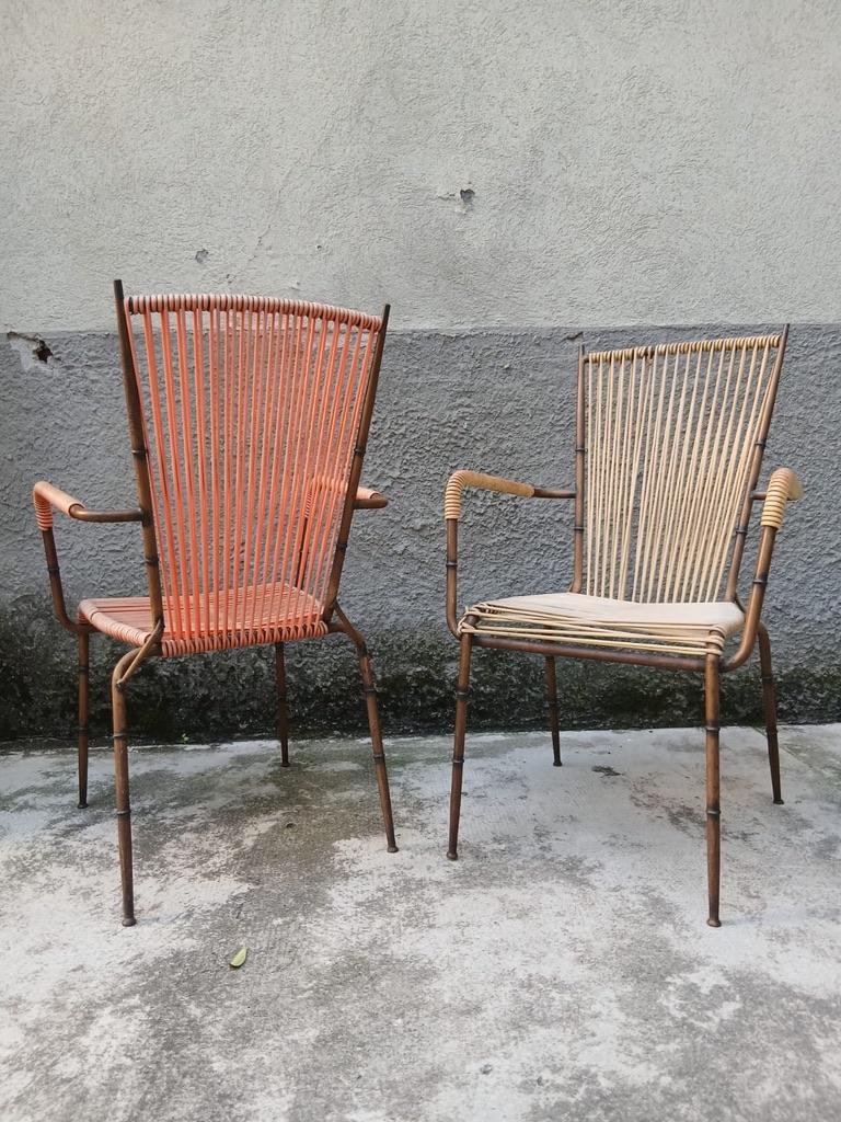 Italian Coppia di Sedie Doncoc Brevettate in Metallo Simil-Bambù - Italia - Anni ’50 in vendita