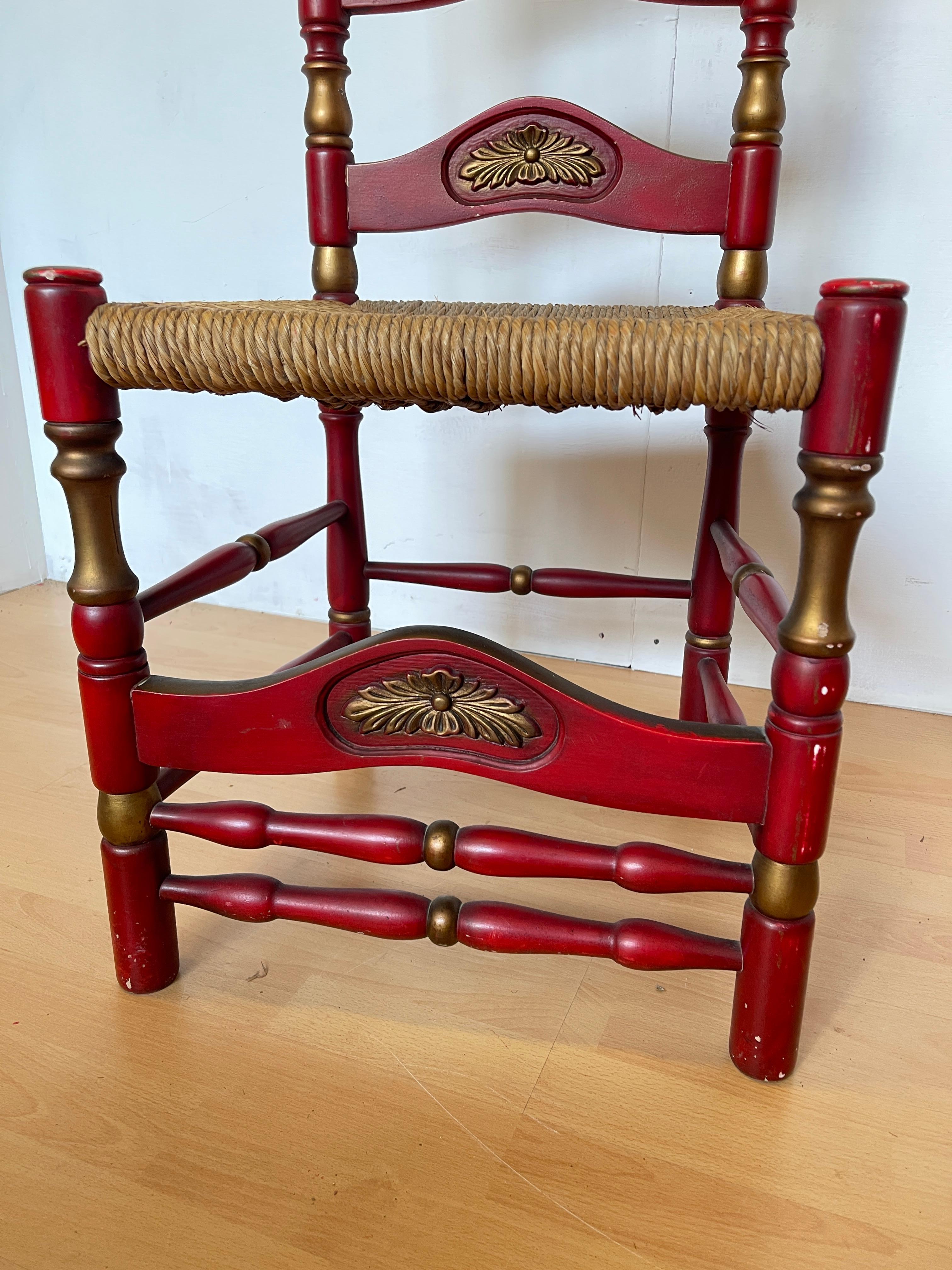 Pair of Red and Gold Painted Wood Chairs with Straw Seat, 1990s For Sale 2