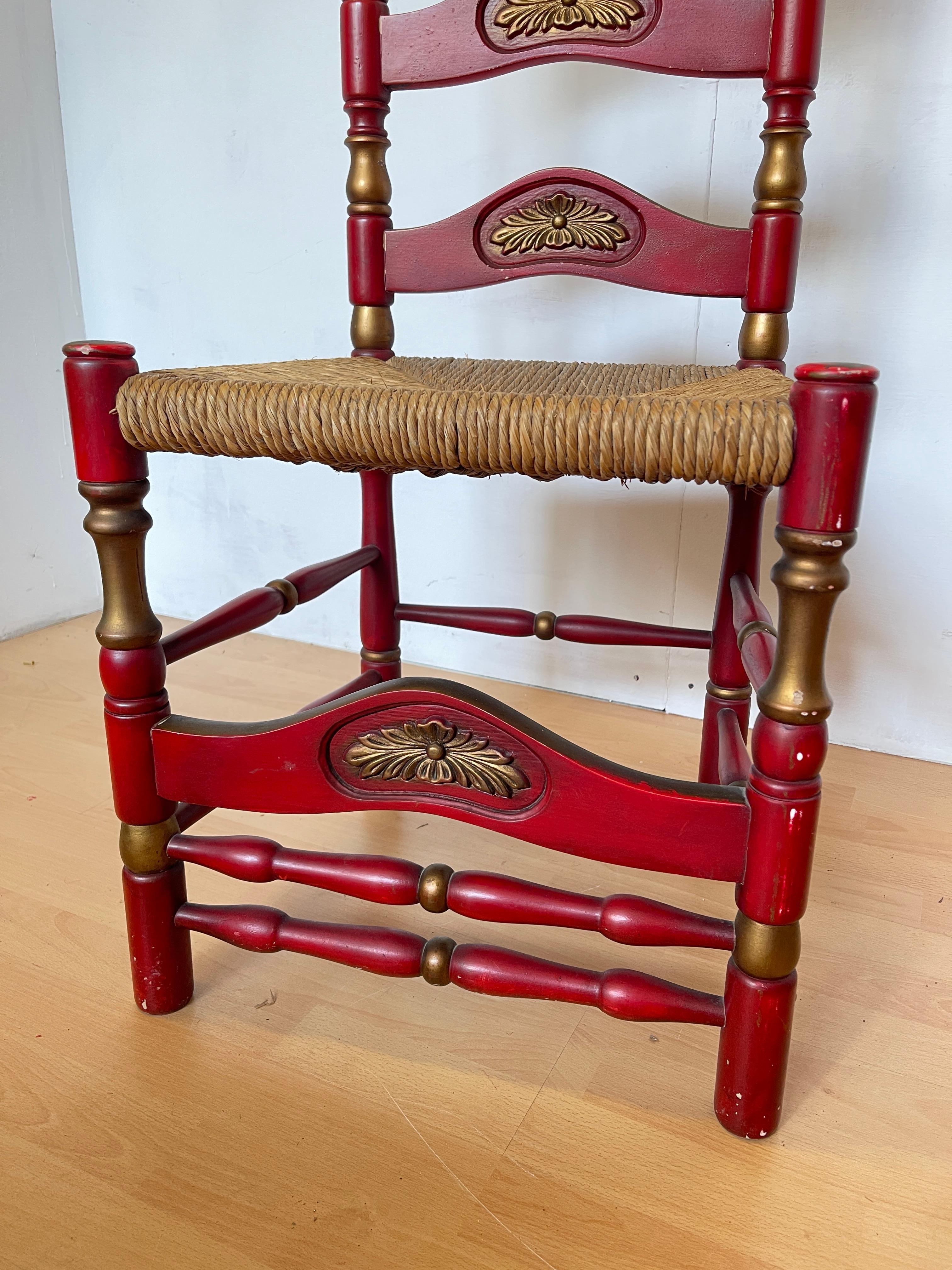 Pair of Red and Gold Painted Wood Chairs with Straw Seat, 1990s For Sale 3