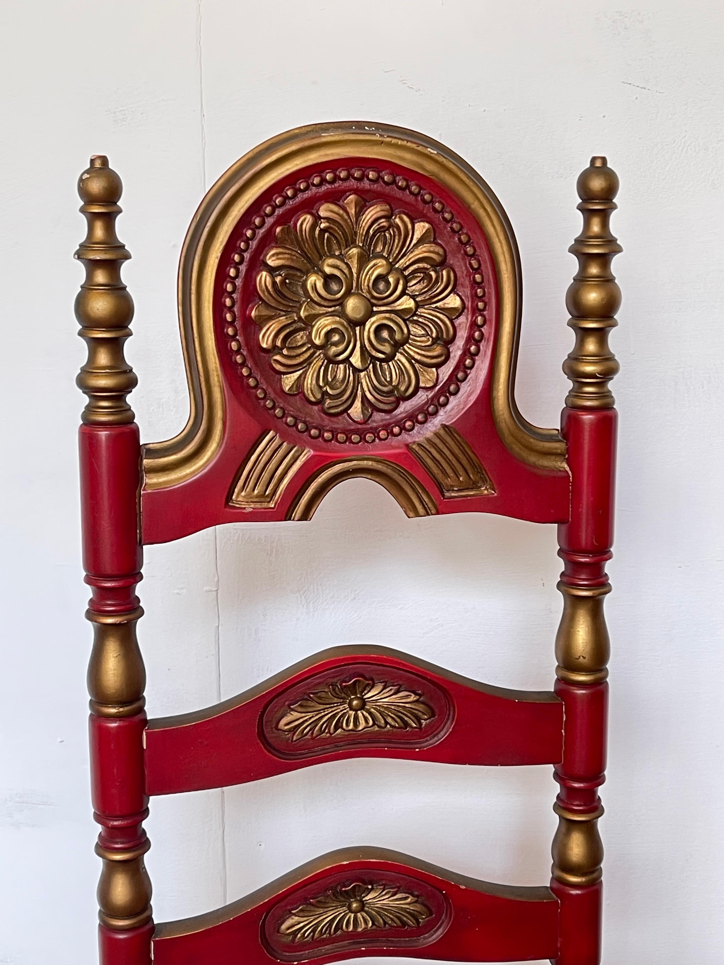 Neoclassical Revival Pair of Red and Gold Painted Wood Chairs with Straw Seat, 1990s For Sale