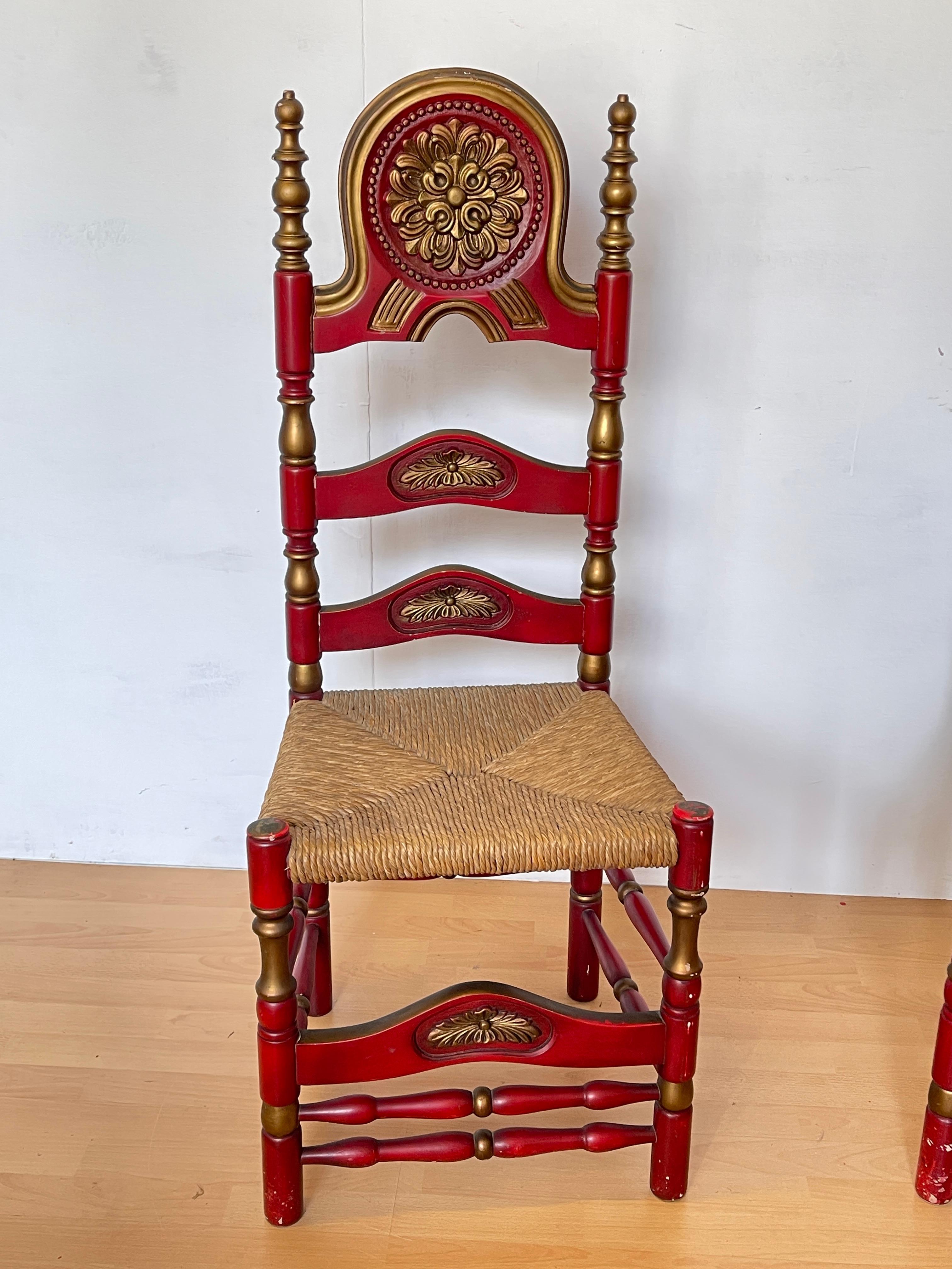 Italian Pair of Red and Gold Painted Wood Chairs with Straw Seat, 1990s For Sale
