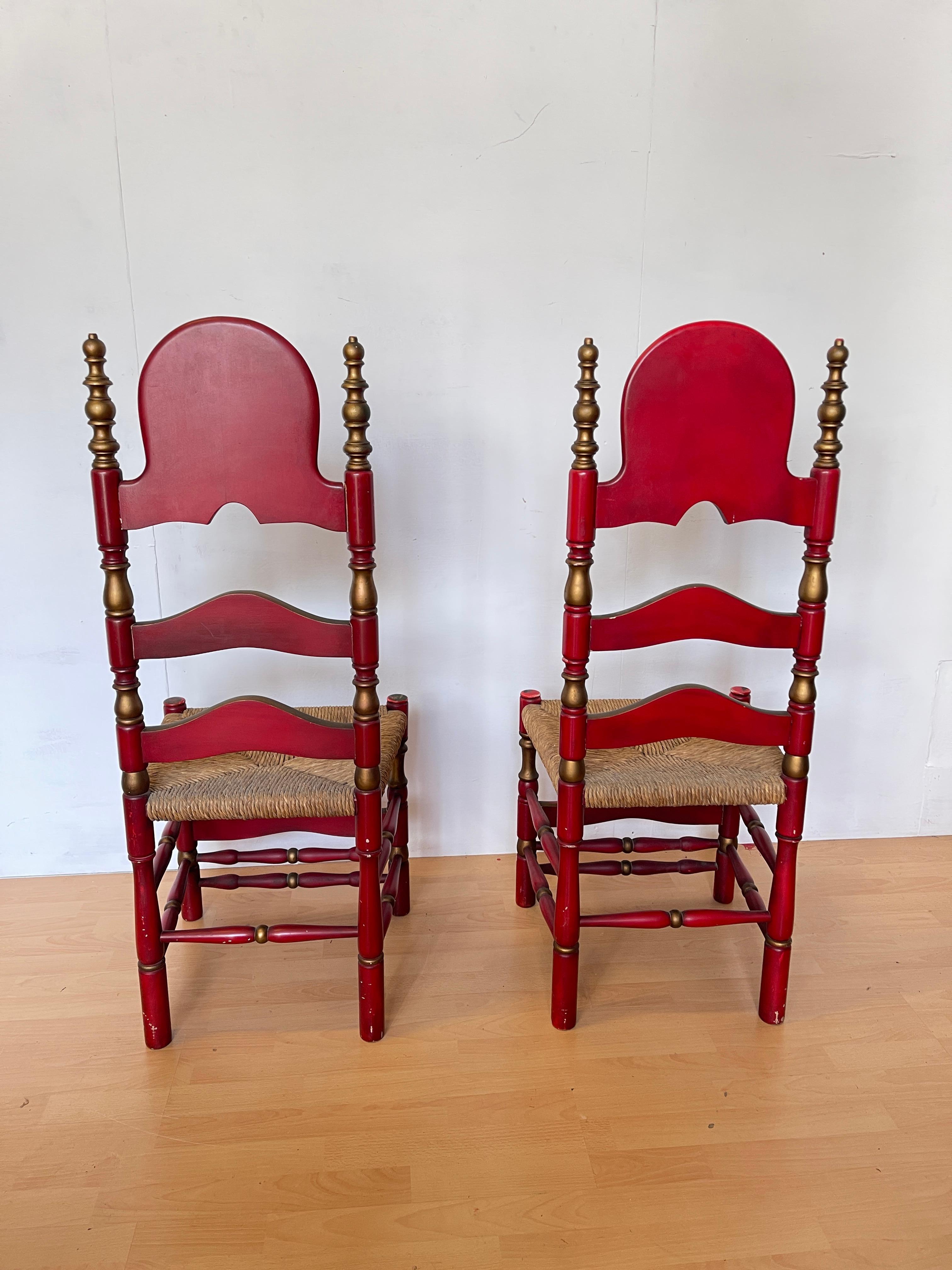 20th Century Pair of Red and Gold Painted Wood Chairs with Straw Seat, 1990s For Sale