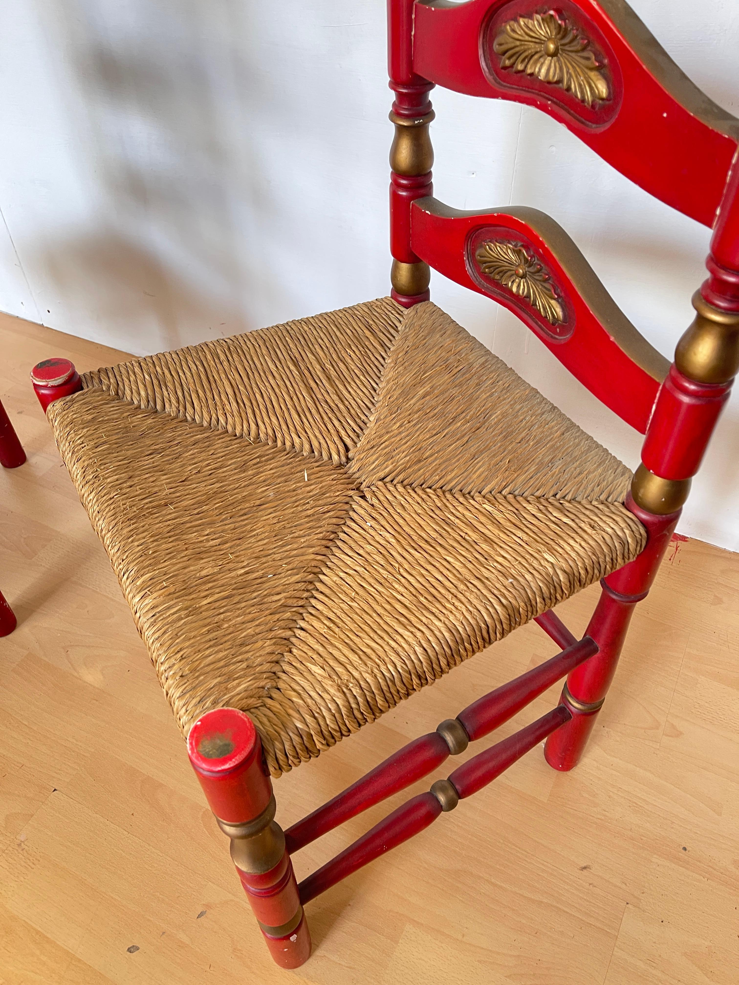 Patent Leather Pair of Red and Gold Painted Wood Chairs with Straw Seat, 1990s For Sale