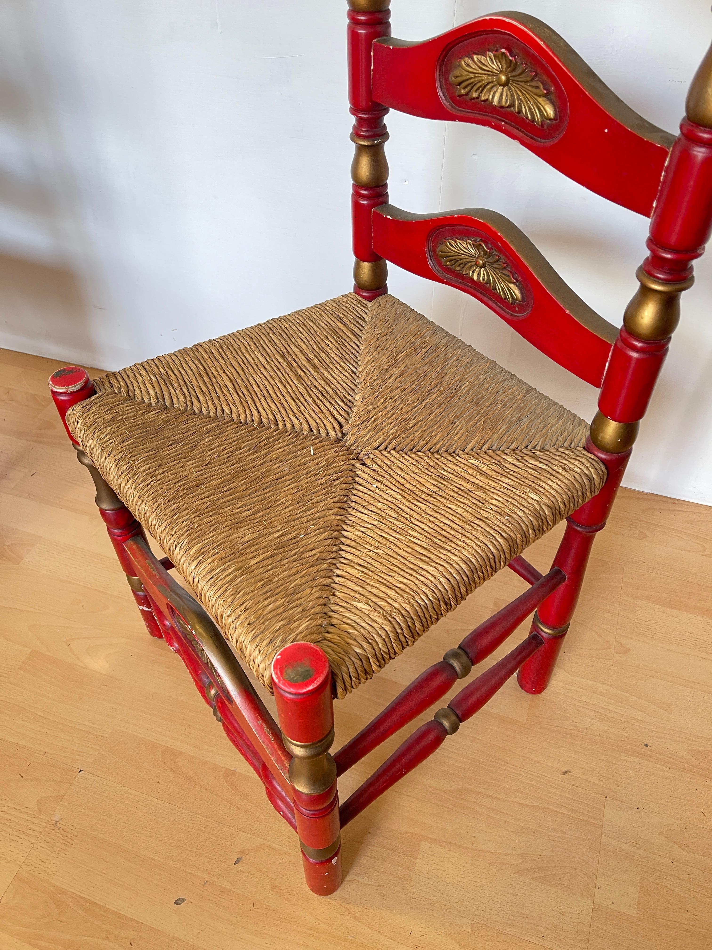 Pair of Red and Gold Painted Wood Chairs with Straw Seat, 1990s For Sale 1