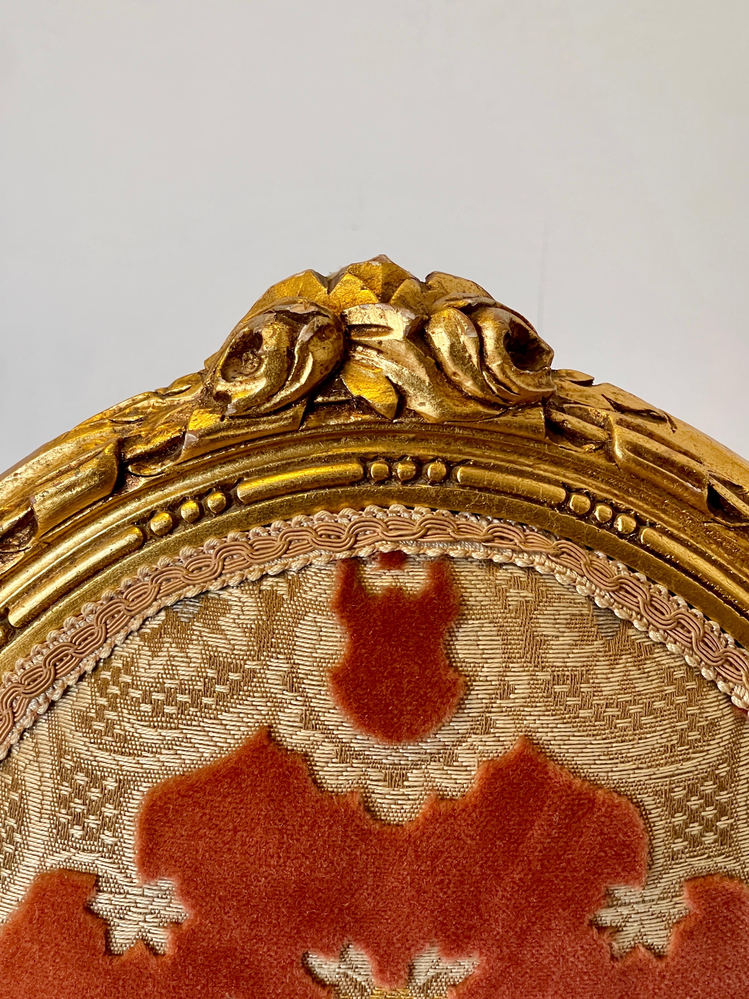 Italian Pair of Chairs in Louis XVI Style - Gilded Carvings and Baroque Upholstery For Sale
